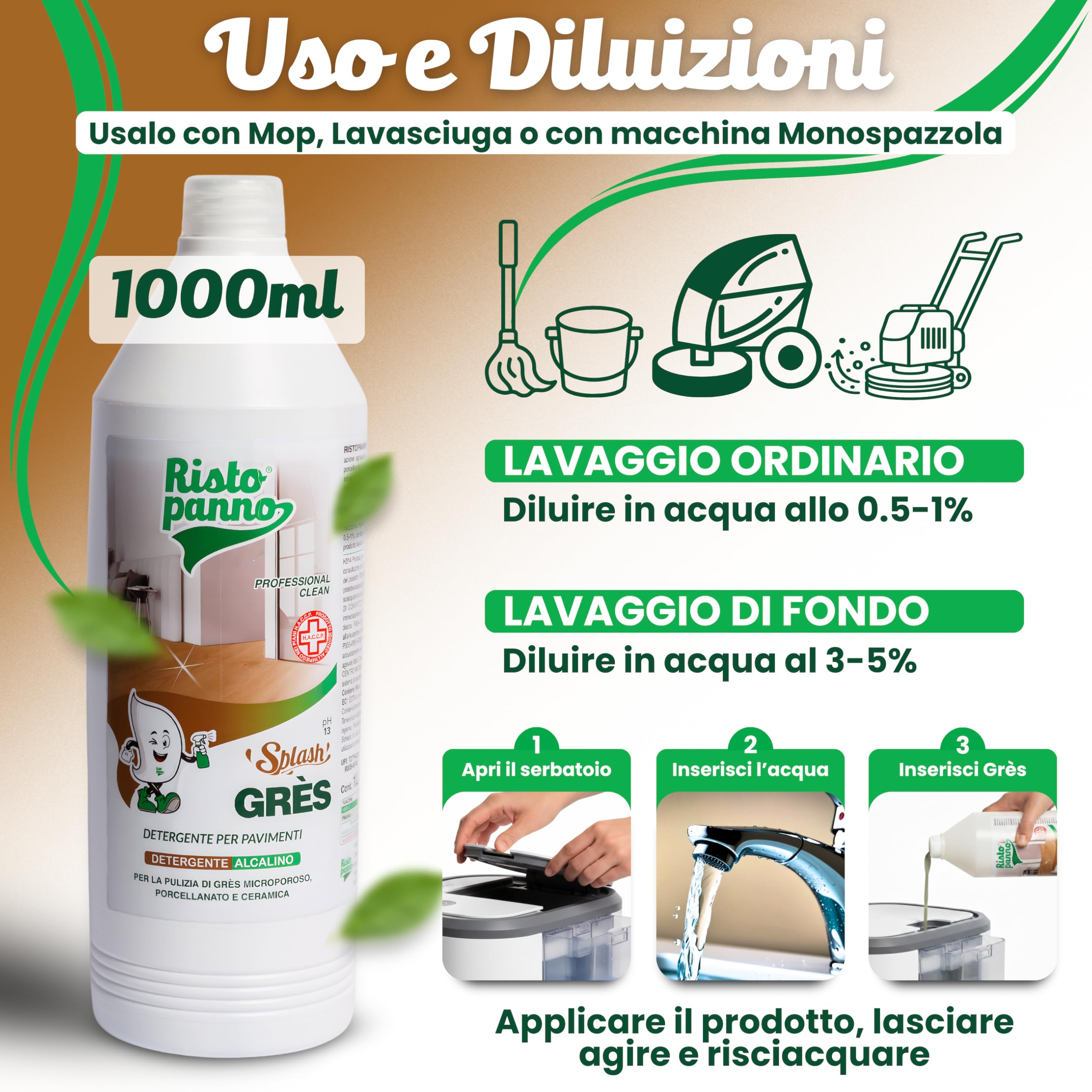 4PZ x 1L Lavapavimenti Professionale Alcalino - Formula pH 18 | Detergente per Grès Porcellanato e Ceramica - Azione Sgrassante - Uso Manuale e Lavasciuga - Prodotti Pulizia SPLASH GRES