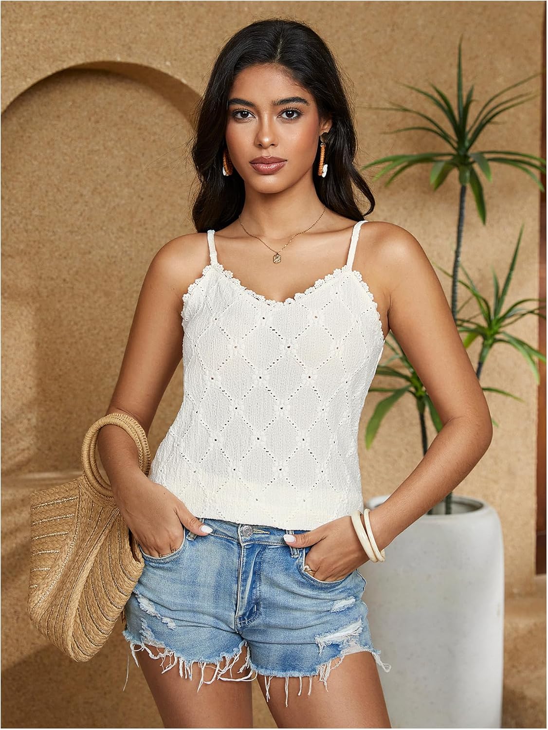MakeMeChic Women's Lace Trim Camisole Spaghetti Strap Eyelet Embroidery Sleeveless Cami Tops - Image 5