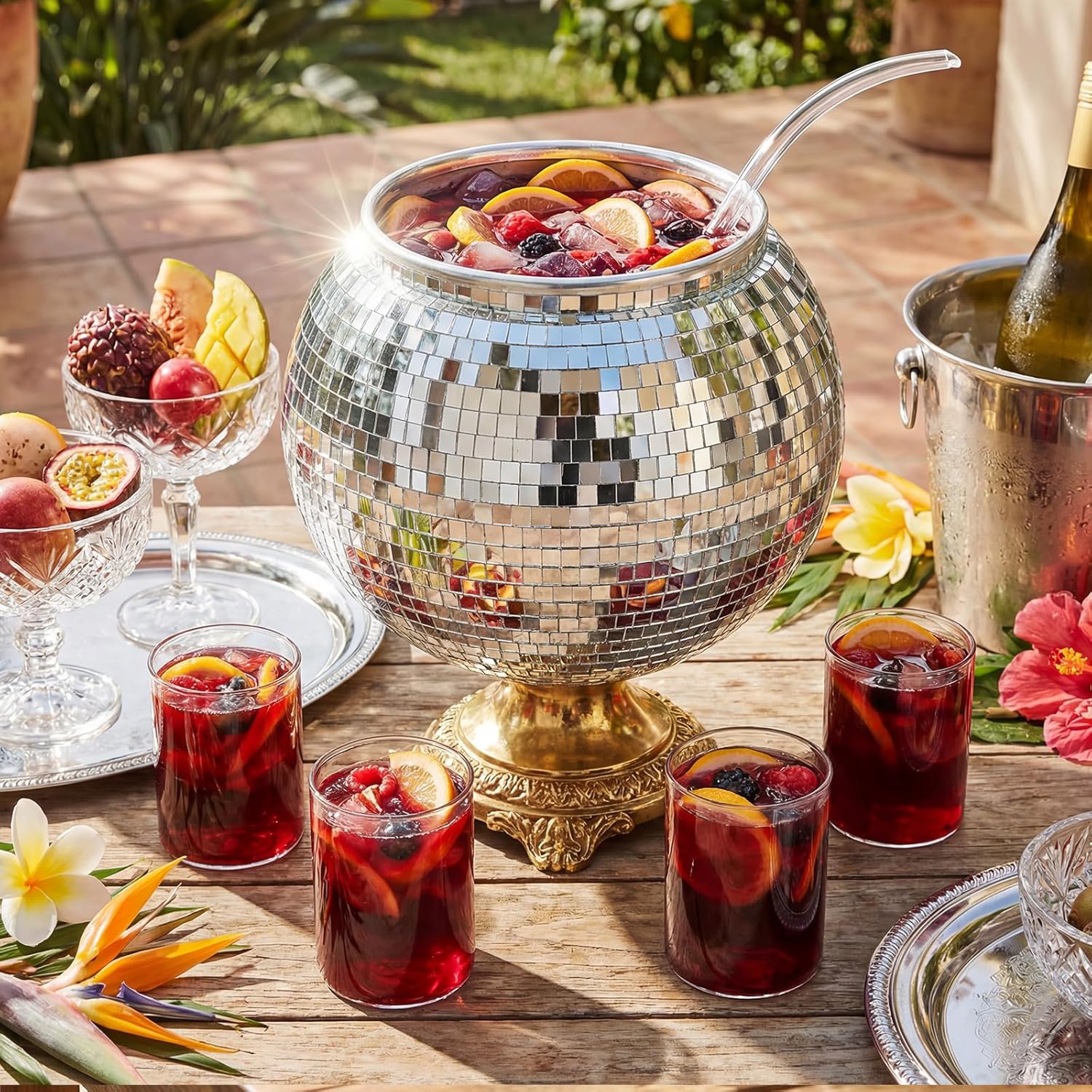 6 Pcs Disco Punch Bowl Set, 1.3 Gallon Large Plastic Punch Bowl with Ladle and 4 Glass Cups for Disco Party Favor Bar Supplies Holiday Wedding Valentine St. Patricks Day Barbecue Party