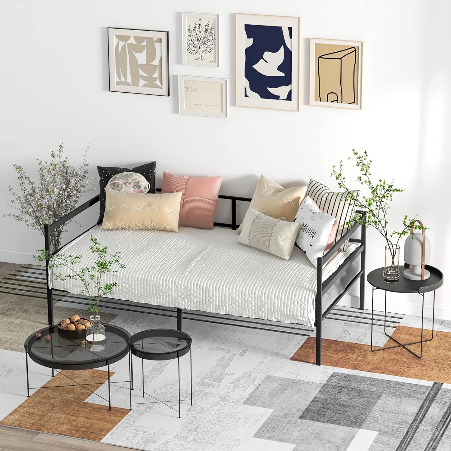 KOMFOTT Twin Size Metal Daybed Frame, Heavy-Duty Metal Slats Support Platform Bed, Home Sofa Bed with Storage, No Box Spring Needed, Easy Assembly, Mattress Foundation for Living Room, Guest Room