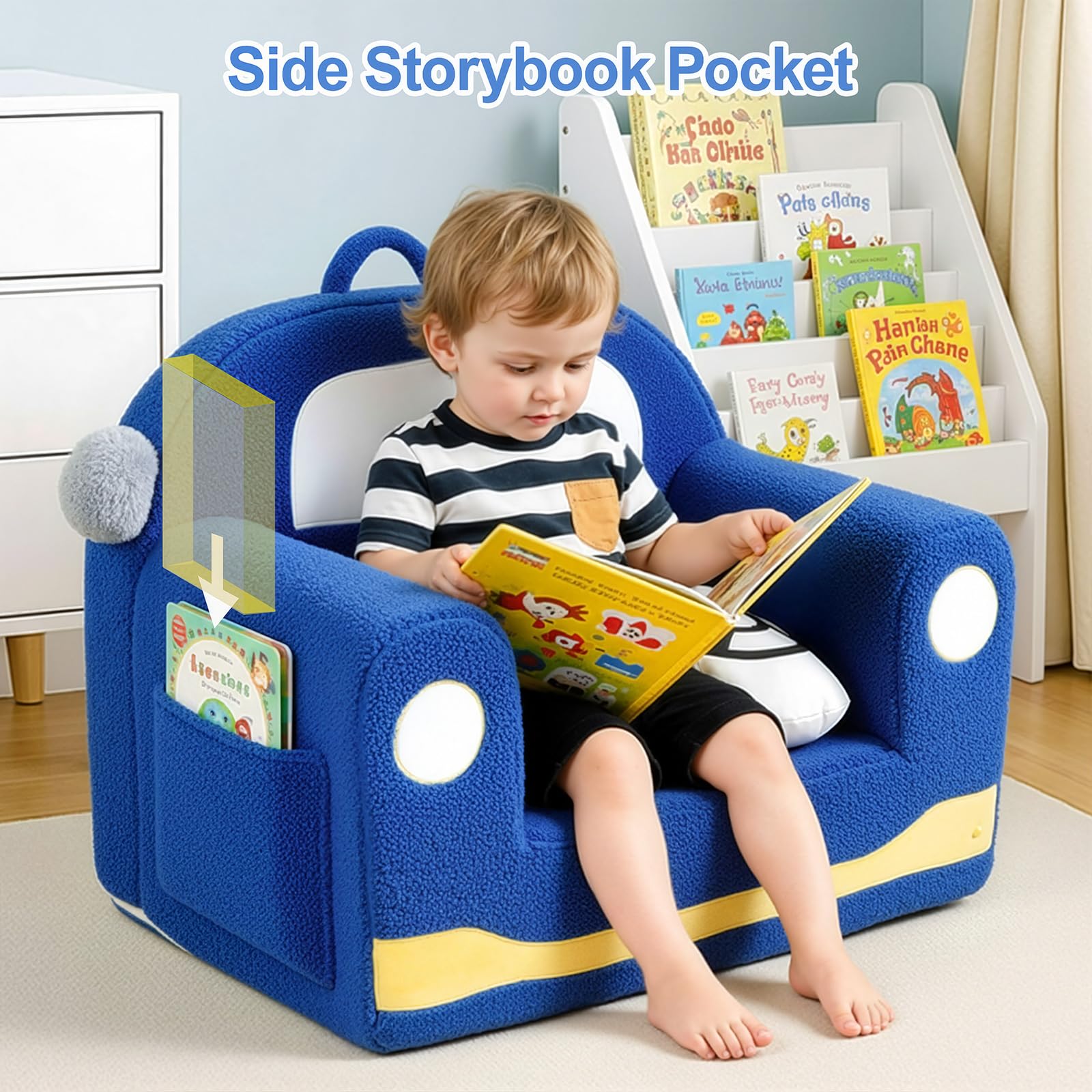 OUOZZZ Kindersofa Kindersessel ab 1 3 6 Jahre - Weich Sherpa Kindercouch mit Kissen, Mini Couch für Kinderzimmer Jungen und Mädchen, Auto Blau