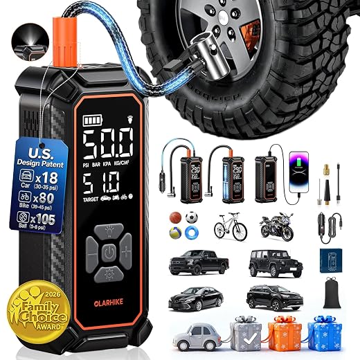 OlarHike Tire Inflator Portable Air Compressor, Dual Power-3 * 2000mAh & 12V DC | Lightning-Fast Inflation, Auto Shut-off, Cordless Air Pump for Car Tires, Bikes, Balls with LED & Digital Pressure Gauge