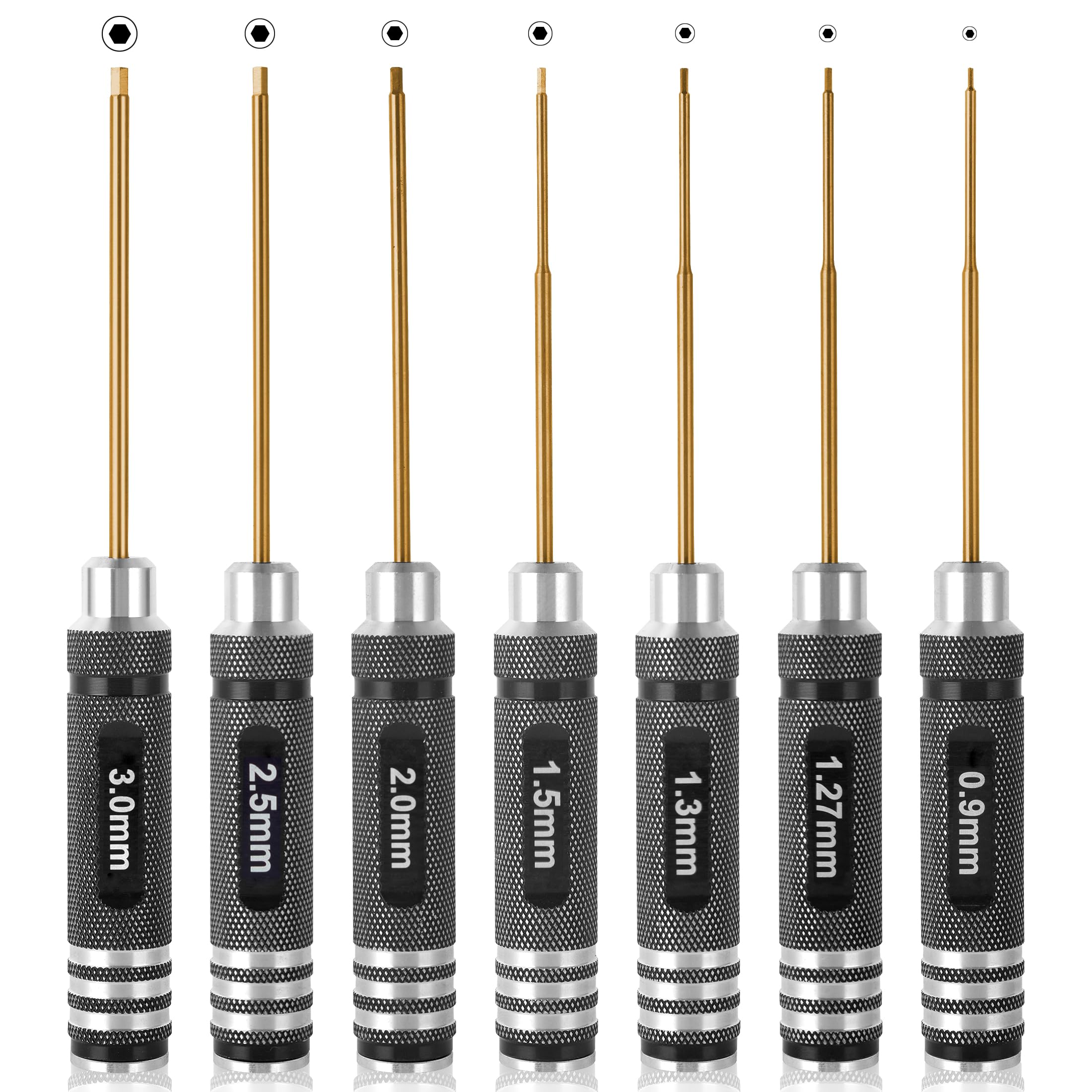 MDLHOBBY Professional RC Titanium Plated Ti Coated Hex Screwdriver Set - 7PCS Precision Hexagon Allen Kit (0.9-3.0mm) for RC Car, Drone, Helicopter,