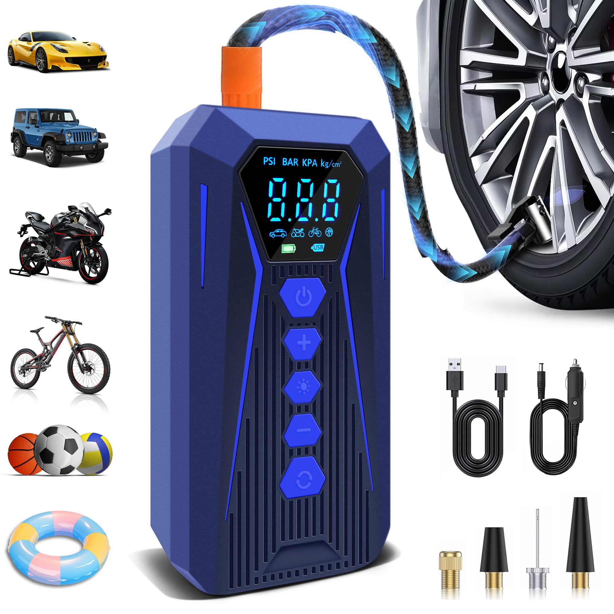 Tire Inflator Portable Air Compressor,2X fast Inflatable Portable Tire Pump, 150PSI Wireless Smart Electric Air Pump with Led Light and 12V DC for Cars, Bikes & Motorcycle Tires, Balls(Blue-1)