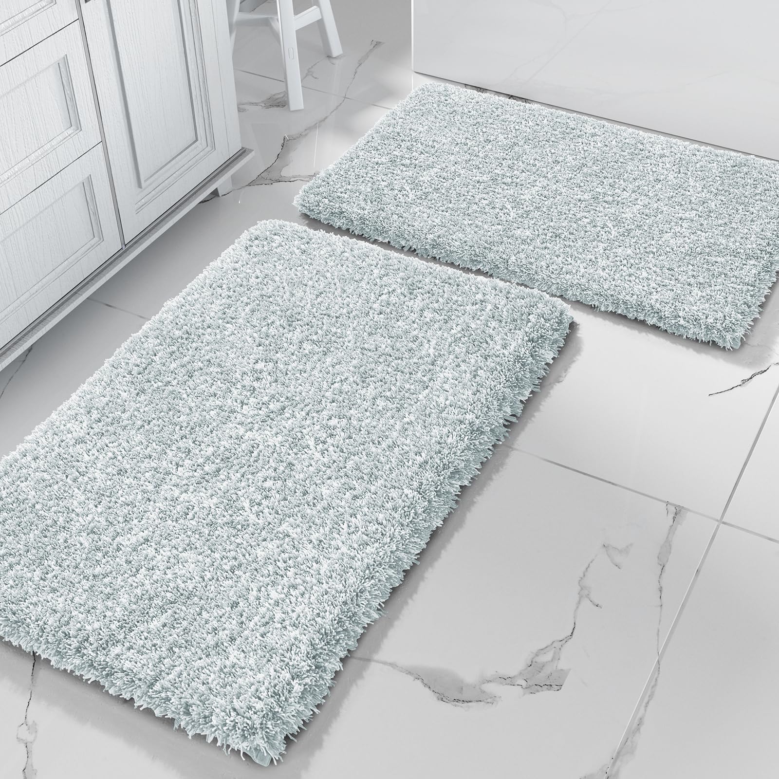 Yimobra Fluffy Bath Rug Set,Shaggy Soft Non Slip Bathroom Rugs, Machine Washable,Thick Bathroom Floor Rugs for Shower Bath Mat,Water Absorbent,24x17+32x20 Inches, Light Blue and White
