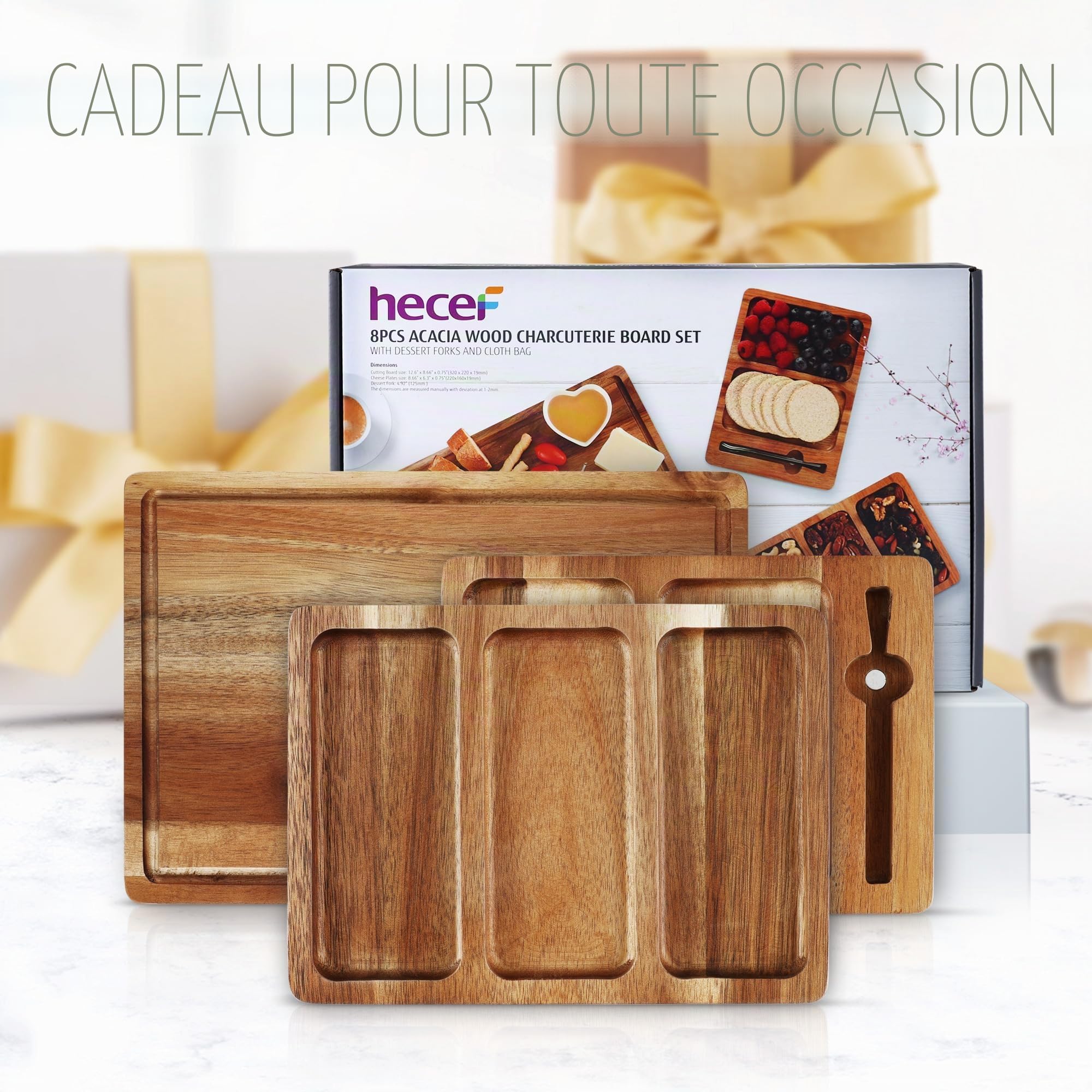 hecef Set de Plateau Aperitif, 8 Pièces Planche Charcuterie Set-Plateau Fromage Bois d'acacia avec 2 plateau aperitif, 4 fourchettes à dessert et 1 sac de transport, Cadeau pour Crémaillère et Noel