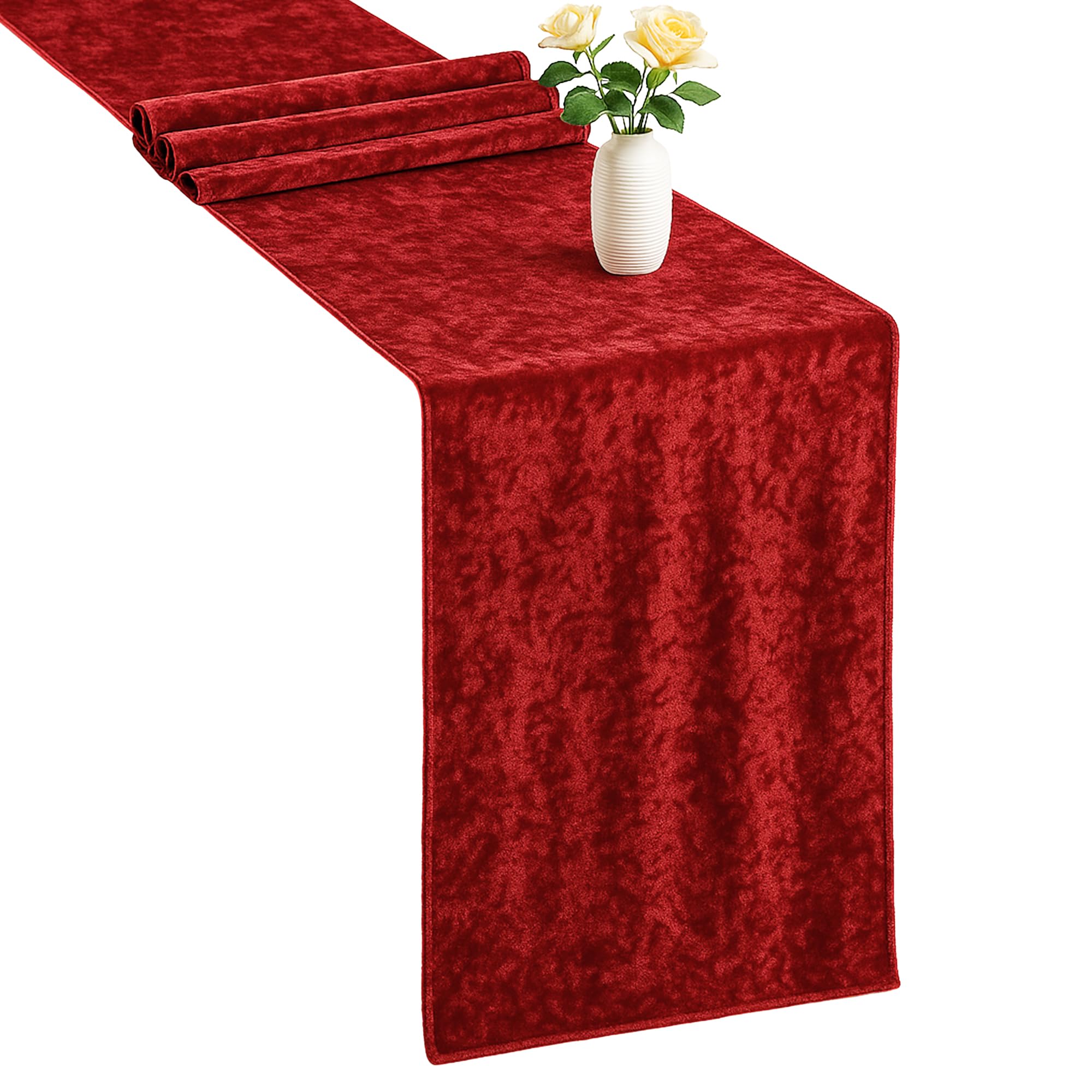 Trimming Shop 33x274CM Crushed Velvet Table Runner Red, Washable Soft Fabric Glitz Table Runners for Wedding, Banquet, Kitchen, Birthday, Holiday, Dinner Party Decoration, Pack of 5