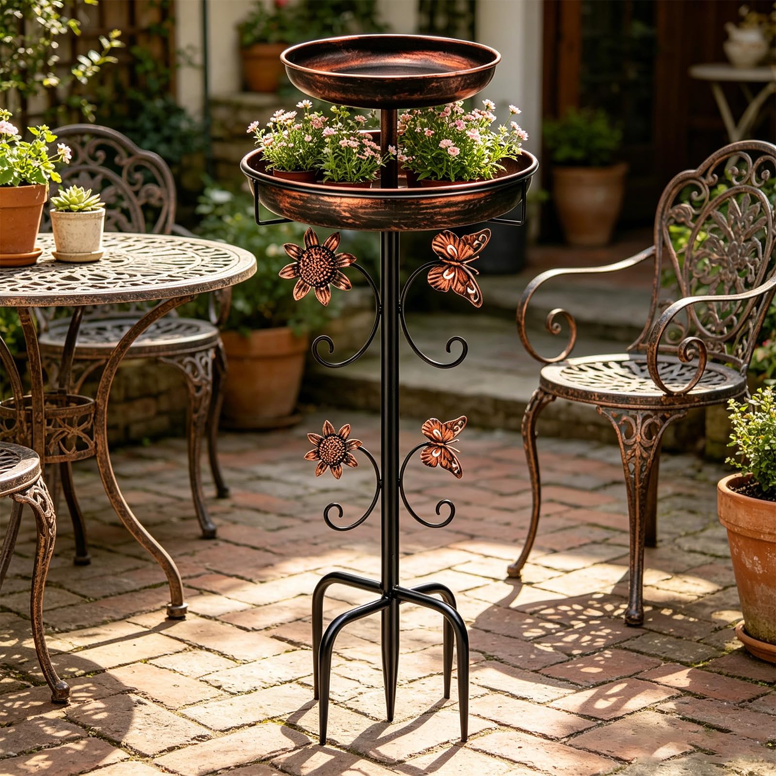 Soporte de metal para comedero de pájaros, doble función, resistente a la intemperie, fácil montaje, base estable, cuenco de metal para pájaros