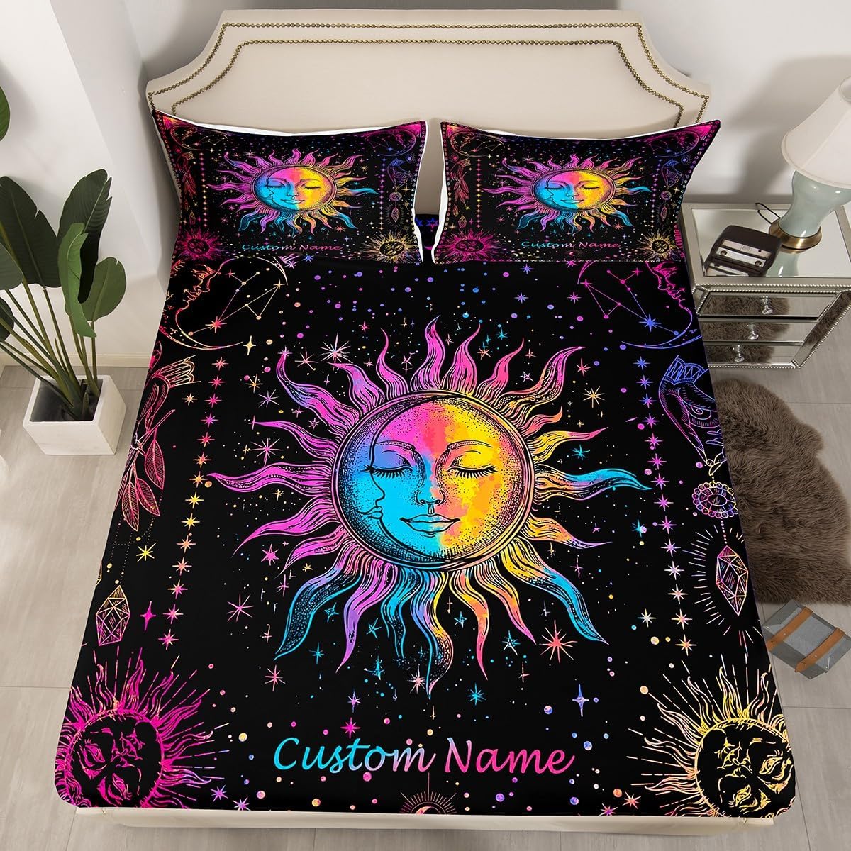 Erosebridal Boho Sun Moon Full Fitted Sheet Rainbow Tie Dye Sheets, Custom Personalized Bed Sheets Hippie Moon and Stars Bed Cover, Psychedelic Galaxy Bed Set Black 3 Pieces (Deep Pocket)