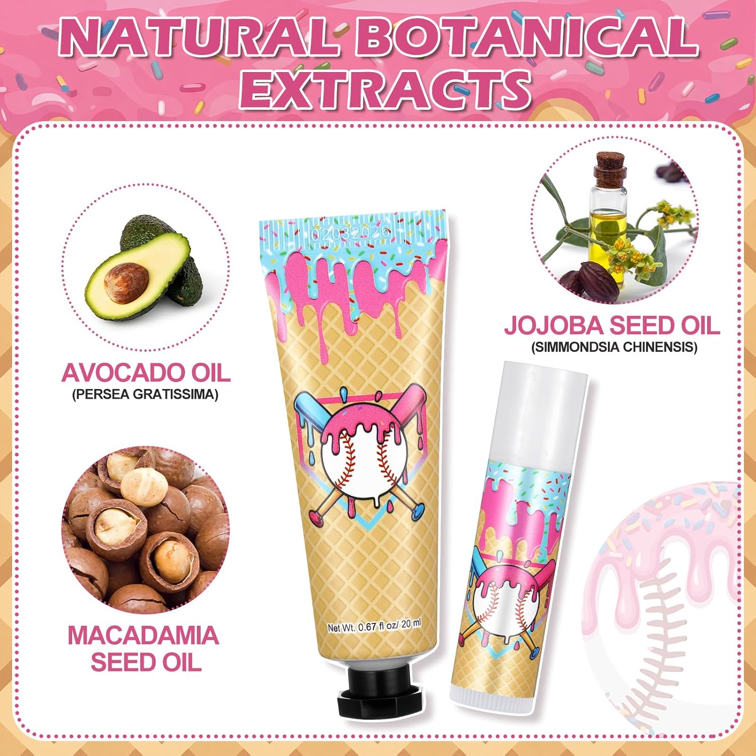 30 Sets Baseball Drip Gift Sets Ice Cream Drip Baseball Hand Cream and Lip Balm Bulk with Organza Bag Thank You Tag for Sport Party Favor Team Birthday Gifts