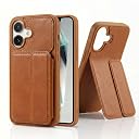 amazon basics Luxury Vegan Leather Back Cover for iPhone 16 | Built-in Card Holder Slot | Integrated Mobile Stand | Slim Shockproof Protective Case with Stitched Finish - Tan gallery image