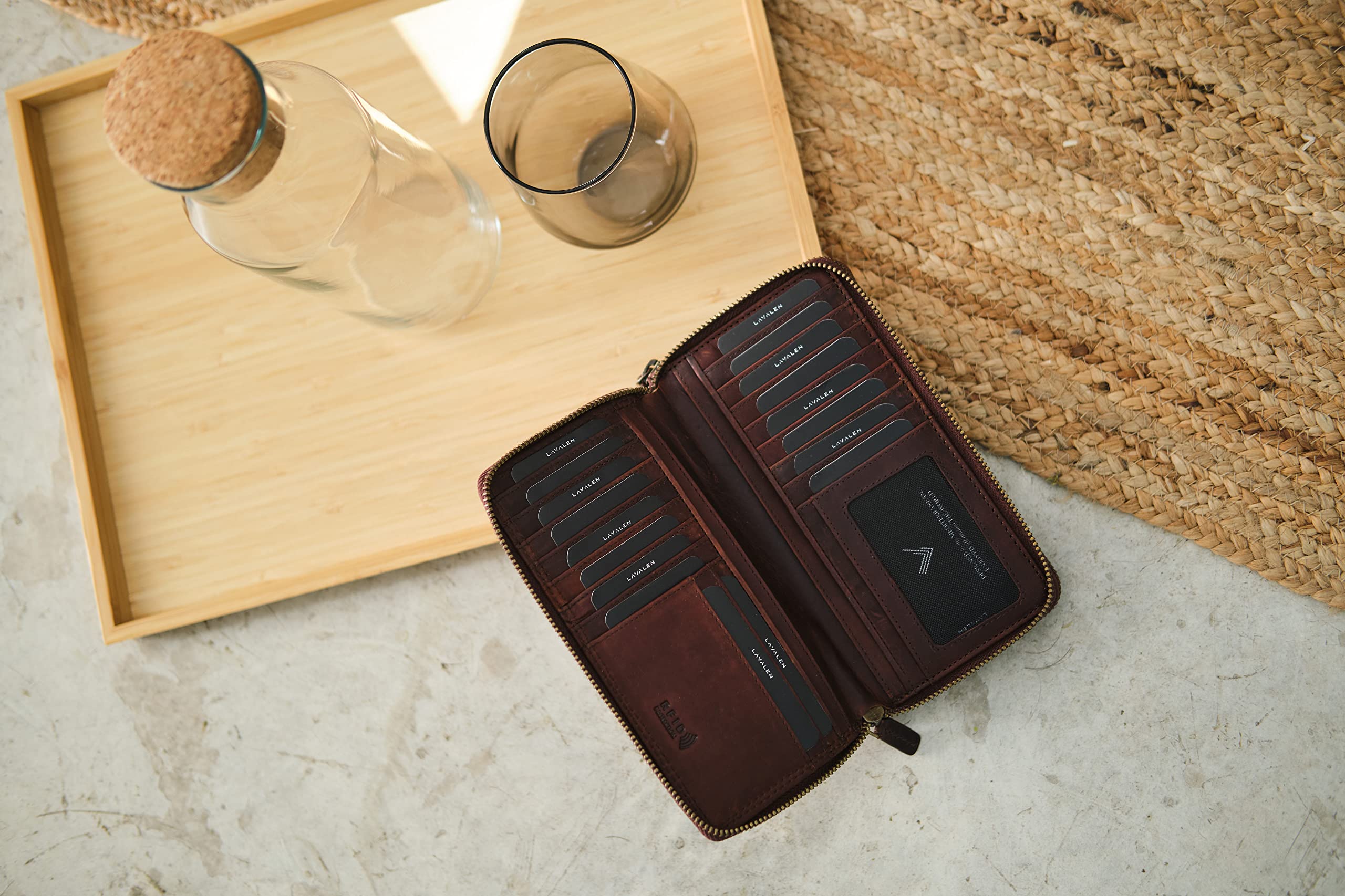 Grand Portefeuille Femme en Cuir – Porte Cartes Grande Capacité avec RFID – Porte Monnaie Élégant Fait Main – Idée Cadeau Originale - Deux Fermetures éclair, Carré - Rouge