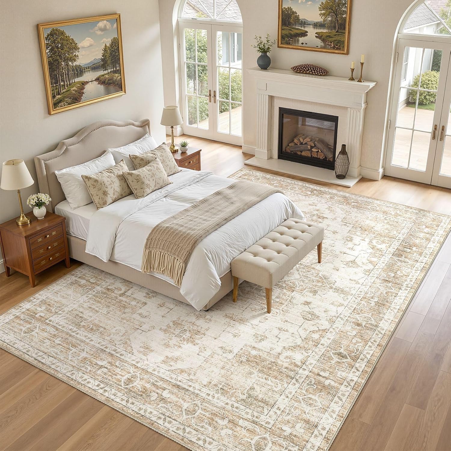 Washable Area Rugs 8x10, Soft Large 8x10 Rugs for Living Room Non-Slip Vintage Beige Indoor Carpet Stain Resistant Rugs for Dining Room Bedroom Nursery Kid & Pet Friendly