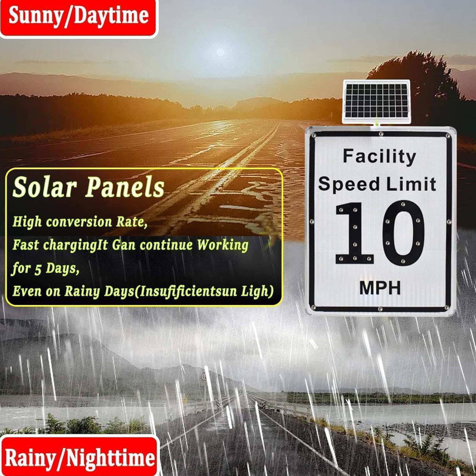 Señal De Límite De Velocidad Led Alimentada por Energía Solar, Señales De Advertencia De Tráfico De Aluminio, 16" X 24", Lámina Reflectante De Grado De Ingeniería