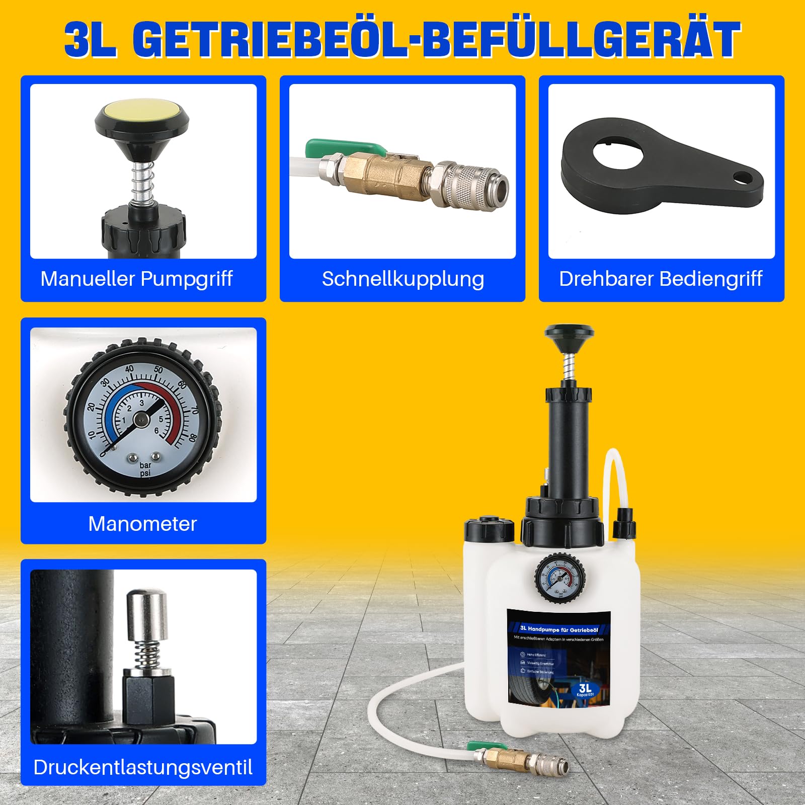 DASBET 3L Getriebeöl-Füllpumpe Set, manuelle Getriebeöl-Transferpumpe | mit Manometer und 12 ATF-Adaptern, Automatikgetriebe-Ölspender Werkzeug für Fahrzeugwartung