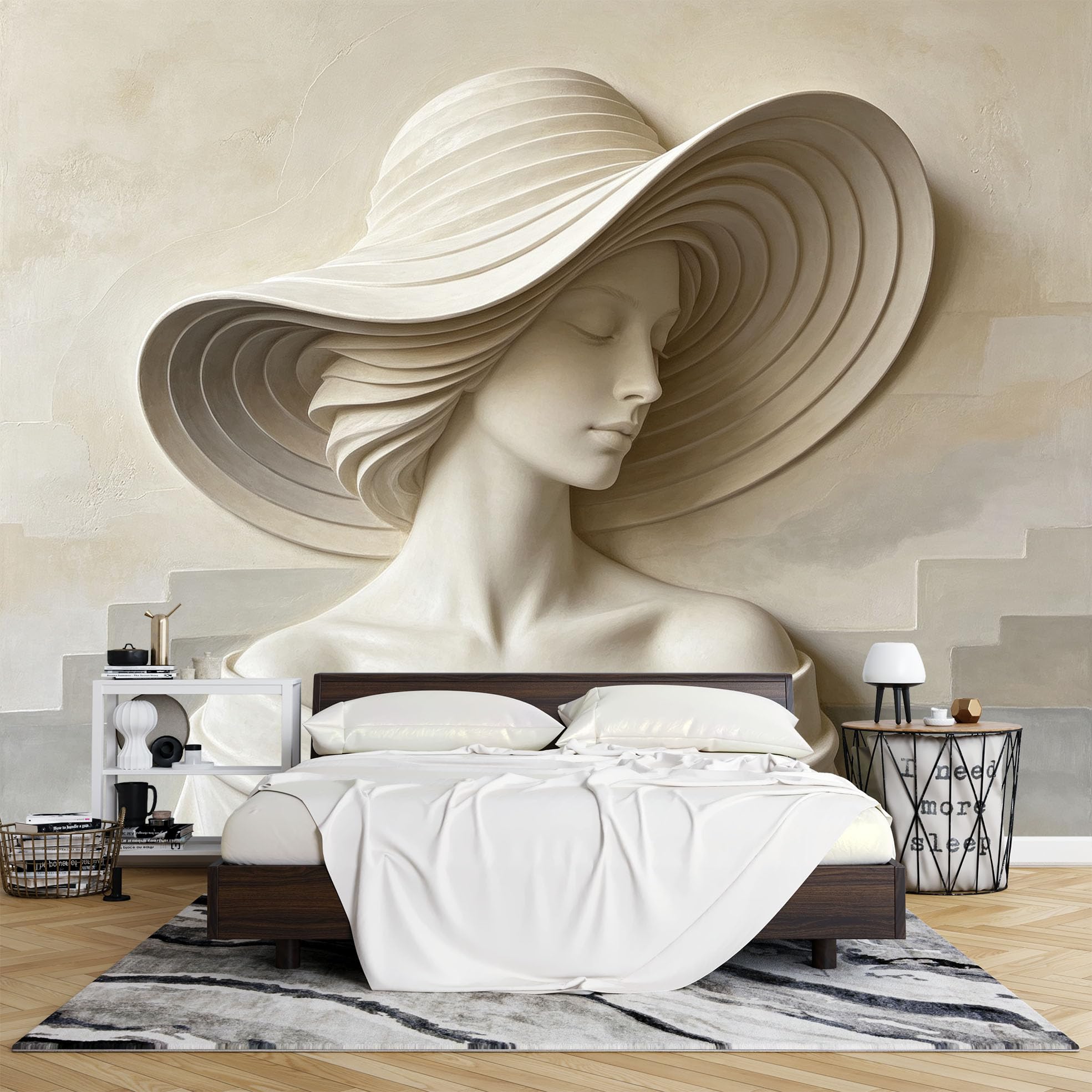 Papier Peint Photo Mural 3D 250 x 180 cm Effet Relief Représentant Une Femme Coiffée D'Un Chapeau À Larges Bords Décoration Fresque Murale Moderne pour Salon Chambre et Autres Pièces.