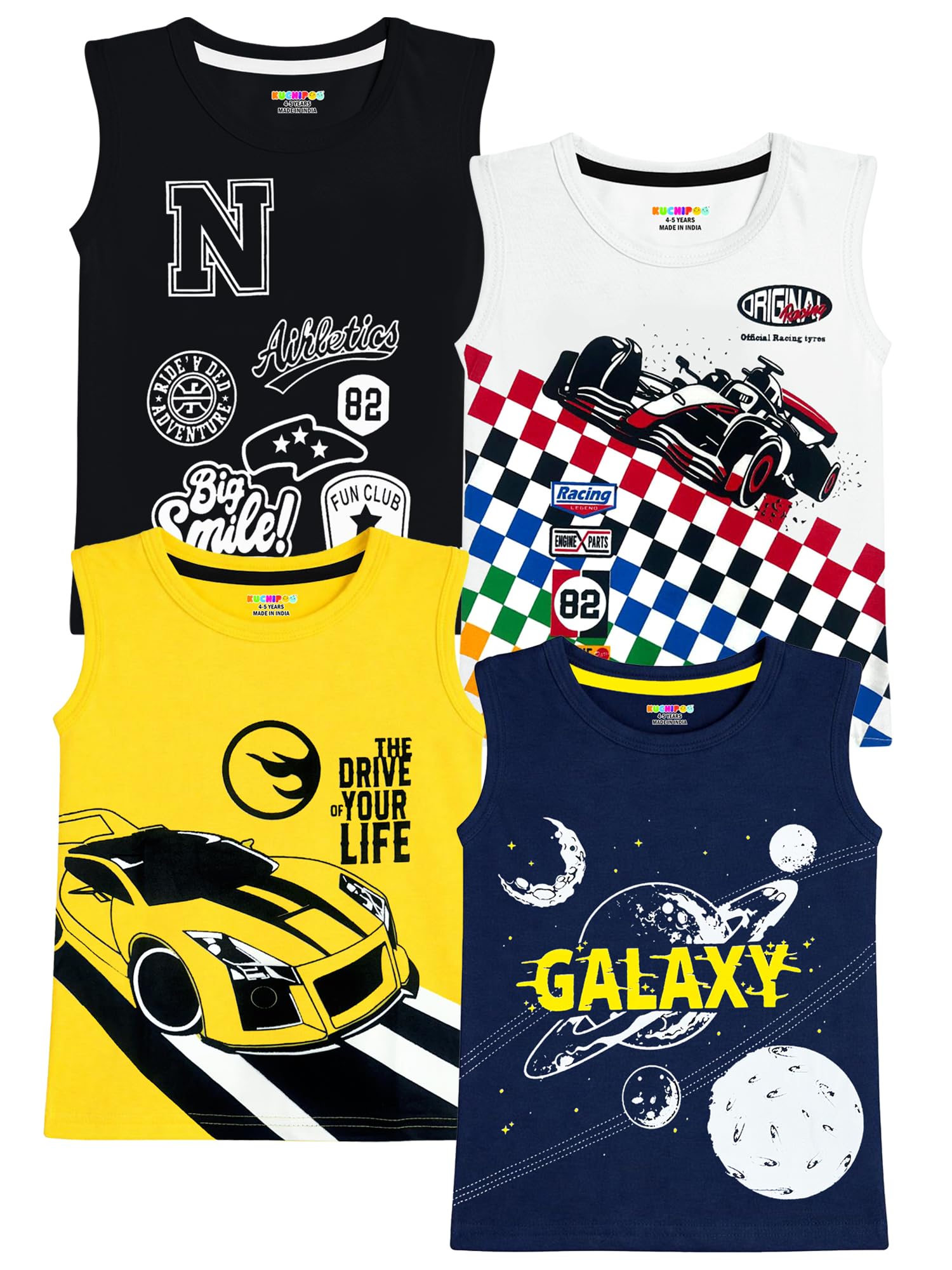 Kuchipoo Boys Sleeveless Cotton Tshirts | Printed Round Neck Kids Tshirts for Summer Wear | Pack of 4
