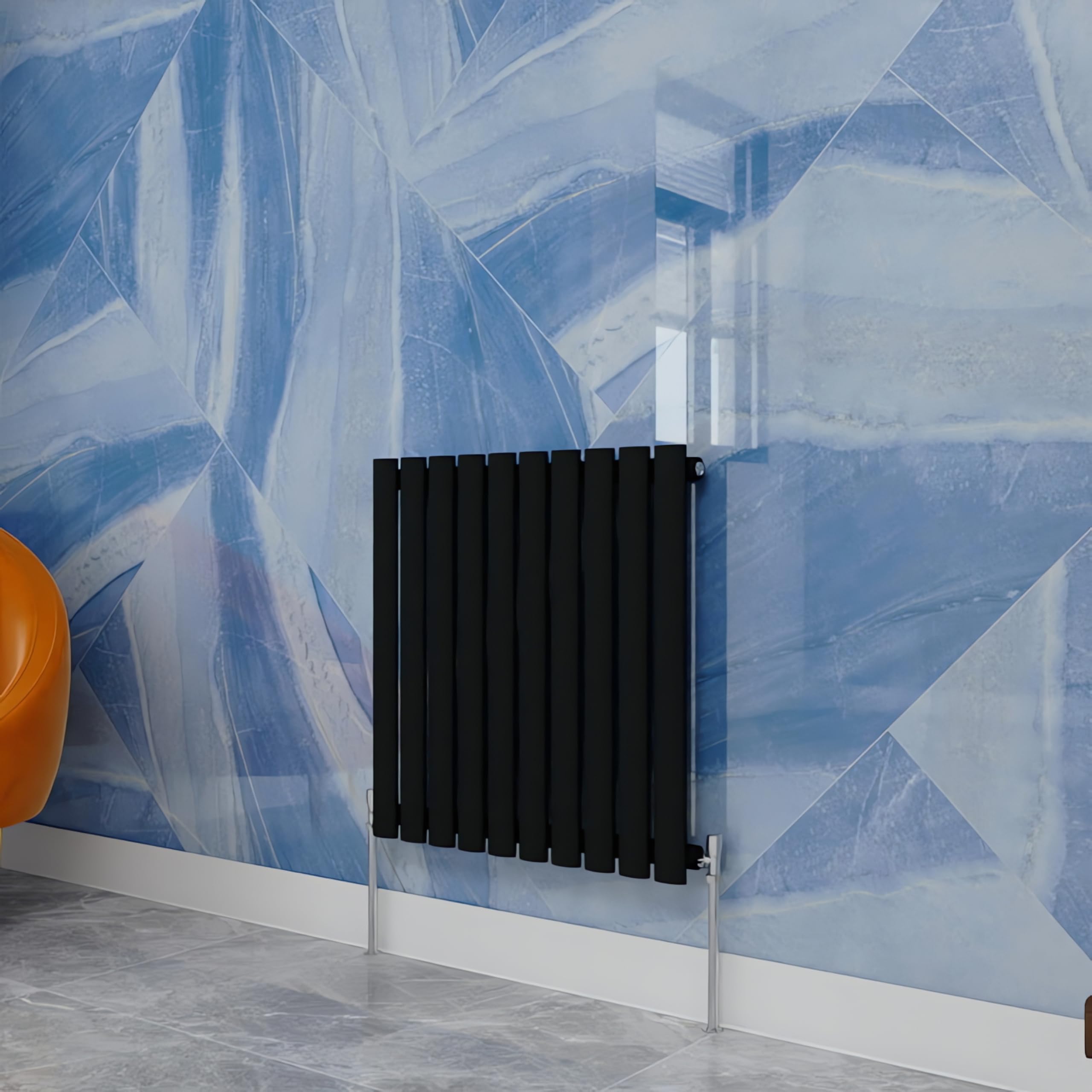 Central Heating Radiator,600x590mm Black Oval Column Single Panel for Bathroom/Hall/Kitchen Energy-efficient and Modern Design.