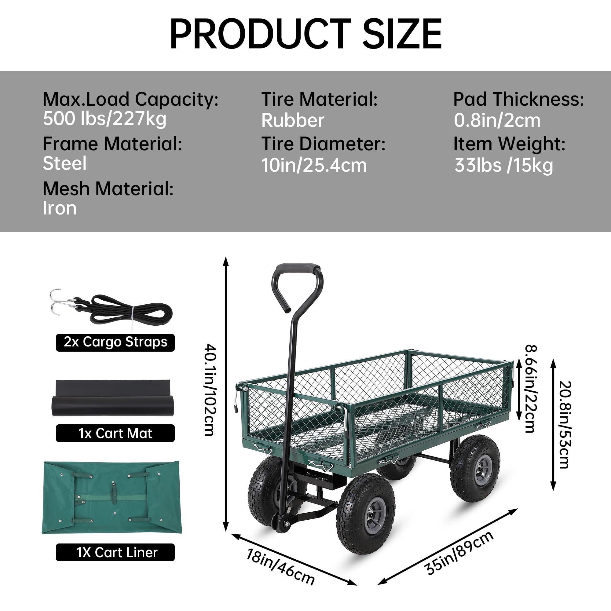 Chariot de Jardin Robuste en Acier – Plateau Pliable Multifonction – Côtés Amovibles – Roues pneumatiques 25 cm – Poignée 2-en-1 – Capacité 225 kg – Idéal pelouse, Plage, paysagisme – Vert,
