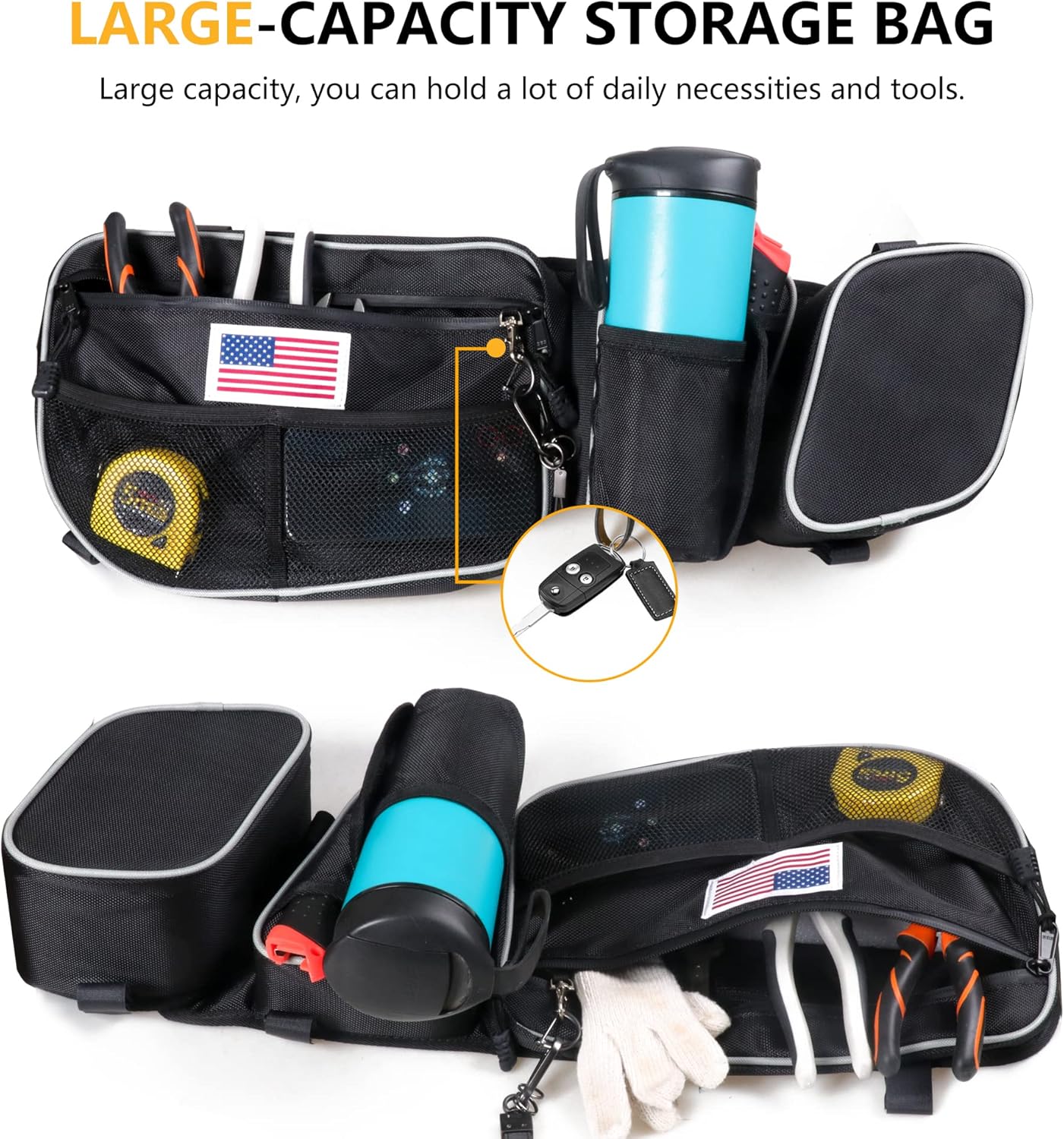 X3 Door Bags Compatible with 2017-2024 2025 Can Am Maverick X3 Front Upper Side Door Storage Bag with Cup Holder Removable Knee Pads Interior Accessories, 1 Pair Black with US Flag