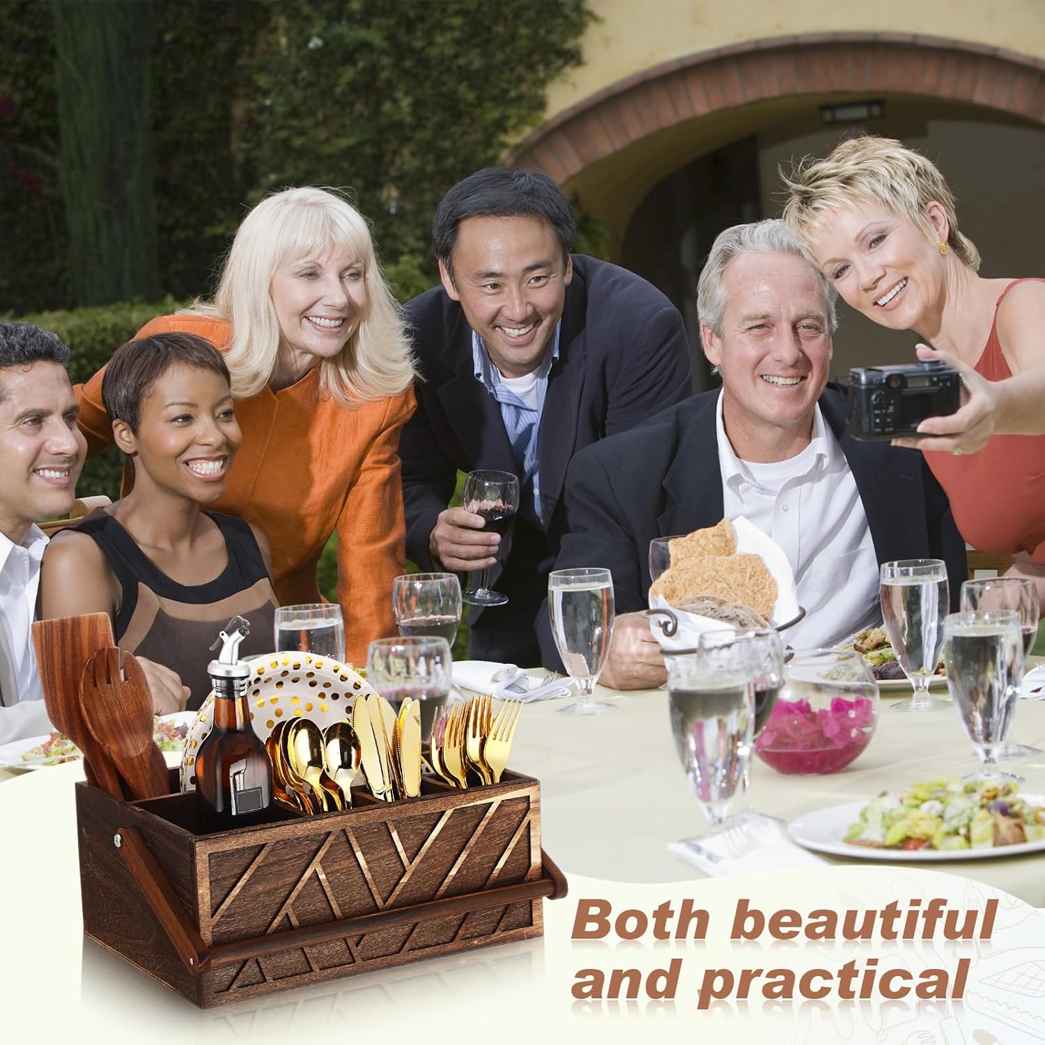 LemonRoad 13 Inch Rustic Silverware Caddy with Handle Wooden Flatware Utensil Holder Paper Plate and Silverware Caddy Organizer Cutlery Holder for Kitchen Countertop Picnic Cups Forks Napkins(Brown)