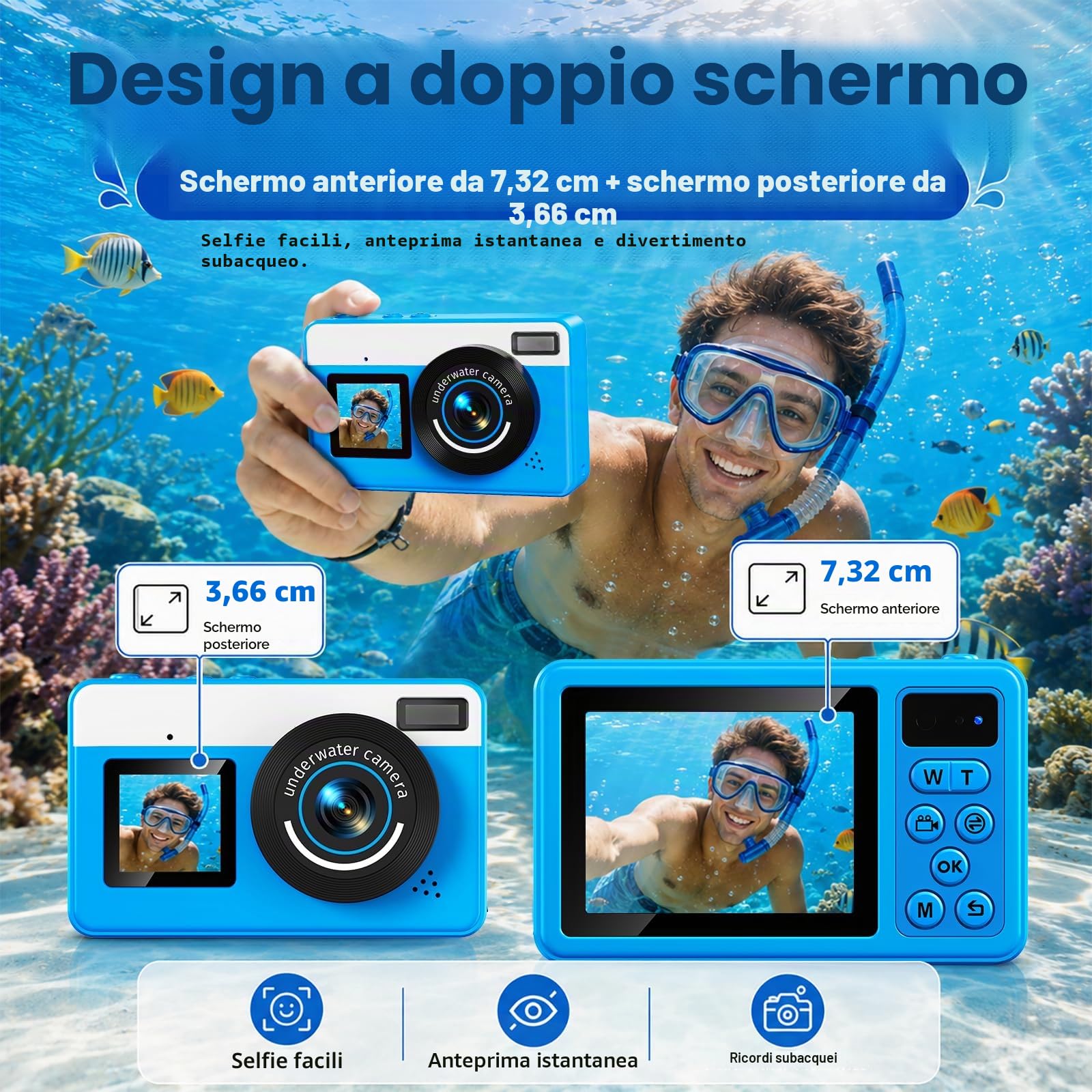 Maxmango D70 Fotocamera Subacquea 4K 48MP, Macchina Fotocamera Impermeabile 10FT per Piscina Spiaggia, Doppio Schermo Autofocus Zoom 18X, Macchina Fotografica Regalo per Ragazzi e Adulti, 32GB, Blu
