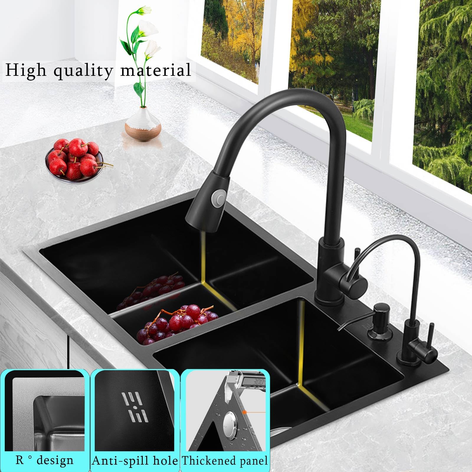 Lavandino cucina Lavello acciaio inox 2 vasche Con rubinetto e dosatore sapone estraibili e accessori per lavello. (78 * 43CM, Nero)