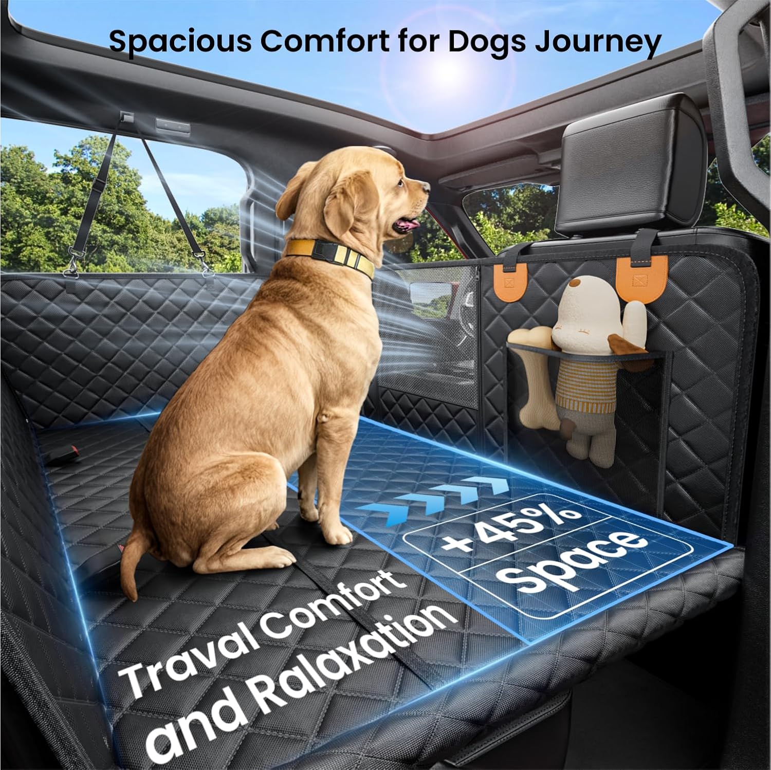 REEVAA Dog Truck Seat Cover for Back Seat, Hard Bottom Dog Hammock for Car, Pet Bed Extender for 2-4 Large Dogs, Waterproof Seat Protector, Universal XL Size Fits for Crew Cab Truck/SUV, Black+Orange