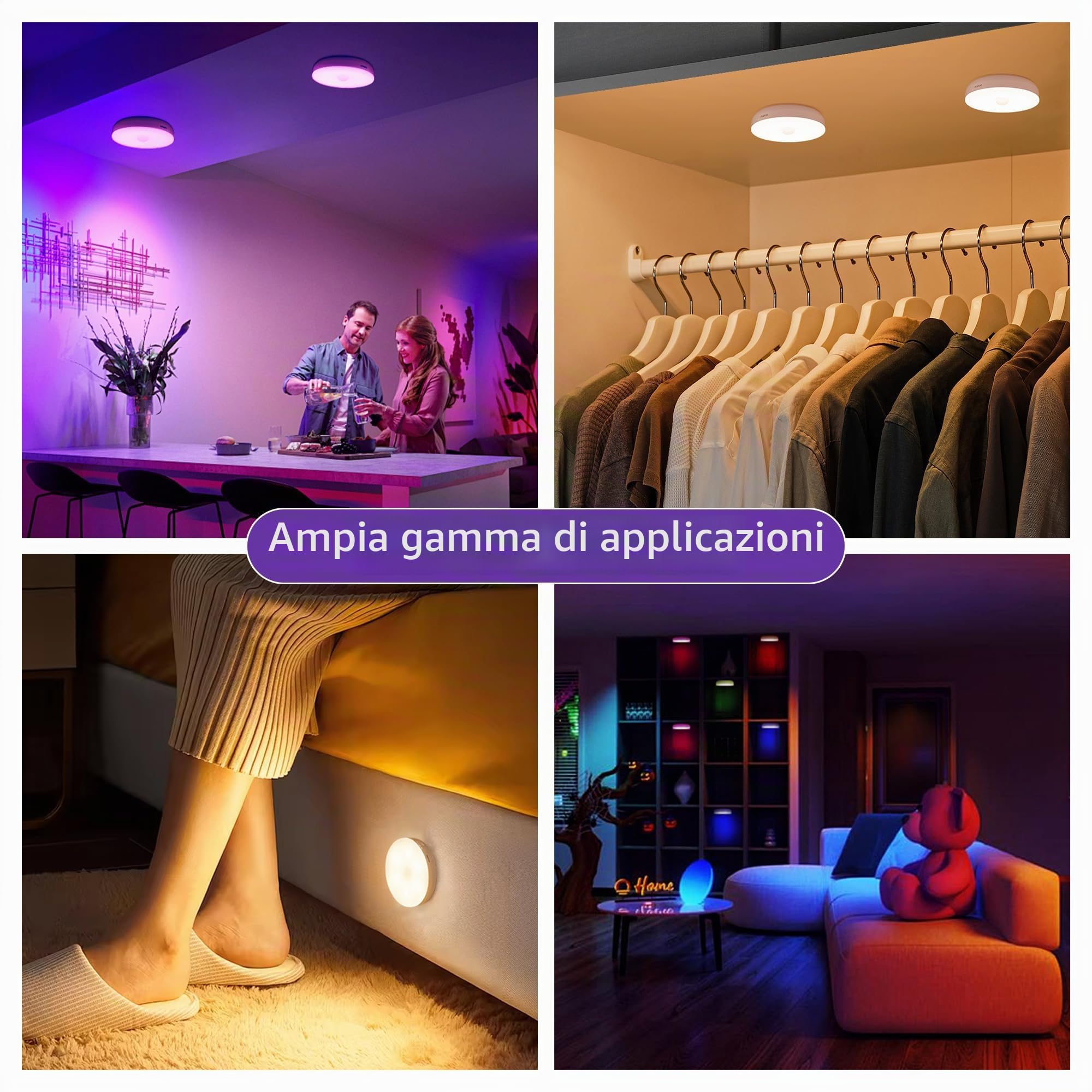 Homelist NL4 Luci LED RGB per vetrine con telecomando, 6 pezzi | Luci notturne ricaricabili con sensore di movimento per scale, cucine, camere da letto e bagni