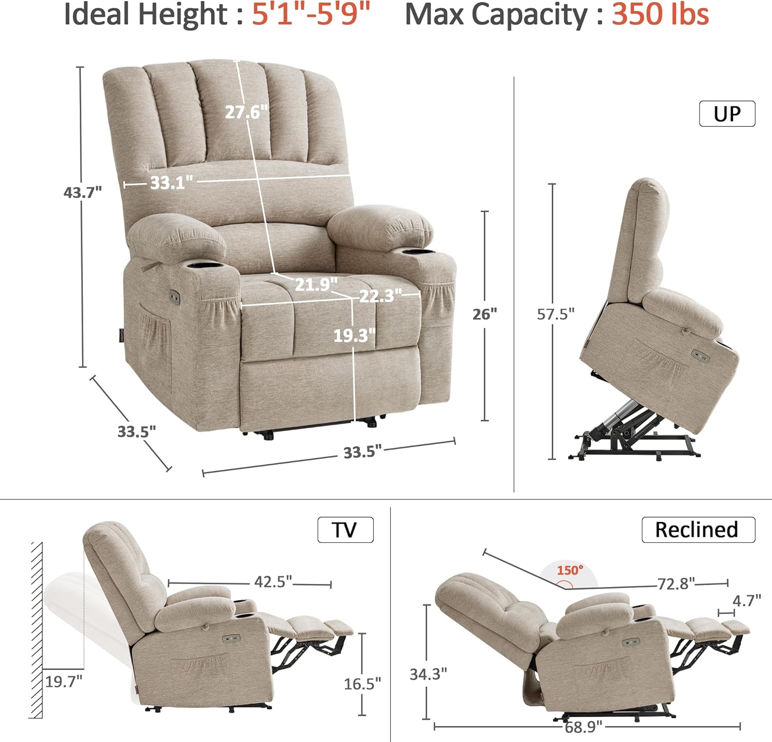 MCombo Power Lift Recliner Chair for Elderly, Lift Chair with Heat and Massage, USB &Type C Ports, Cup Holders, Fabric 7095 (Medium, Beige)