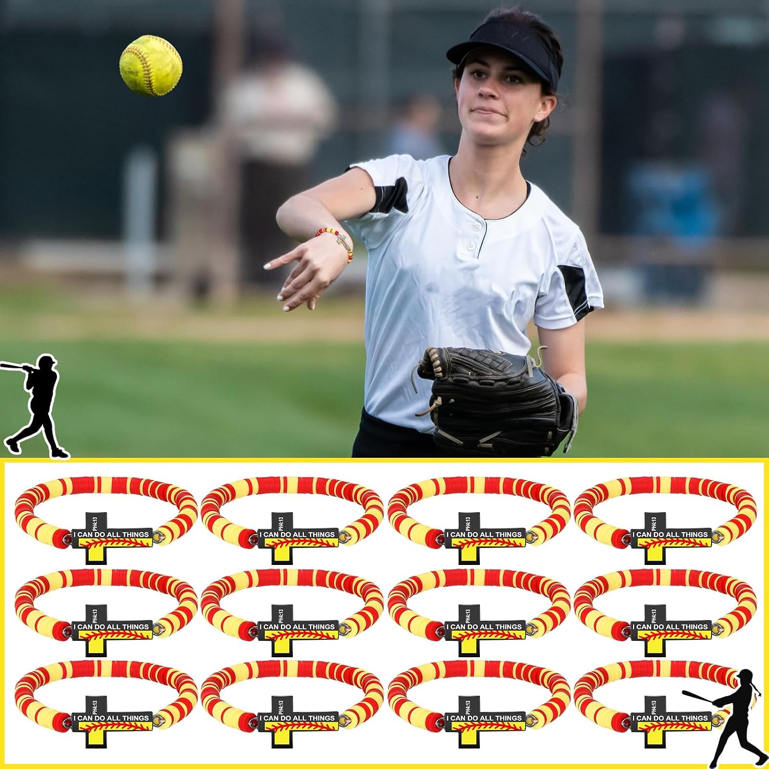 Liliaafar 12 Sets Softball Basketball Bracelets Gifts Adjustable Cross Charm Clay Wristband with Card for 2026 Senior Night