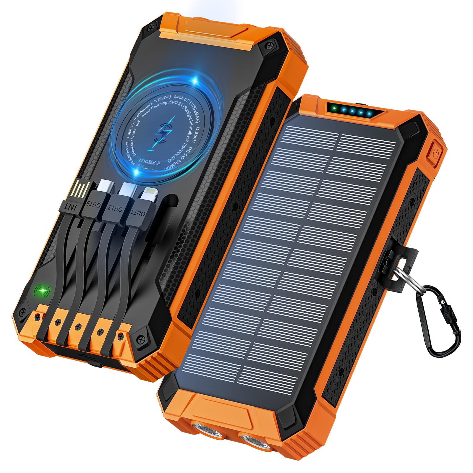 Solar Power Bank 26800mAh with 4 Cables, Wireless Solar Charger 6 Outputs 3 Inputs, Portable Power Bank Fast Charging USB C 15W Built-in Camping Flashlight, Carabiner for Outdoors (Orange)-image-26