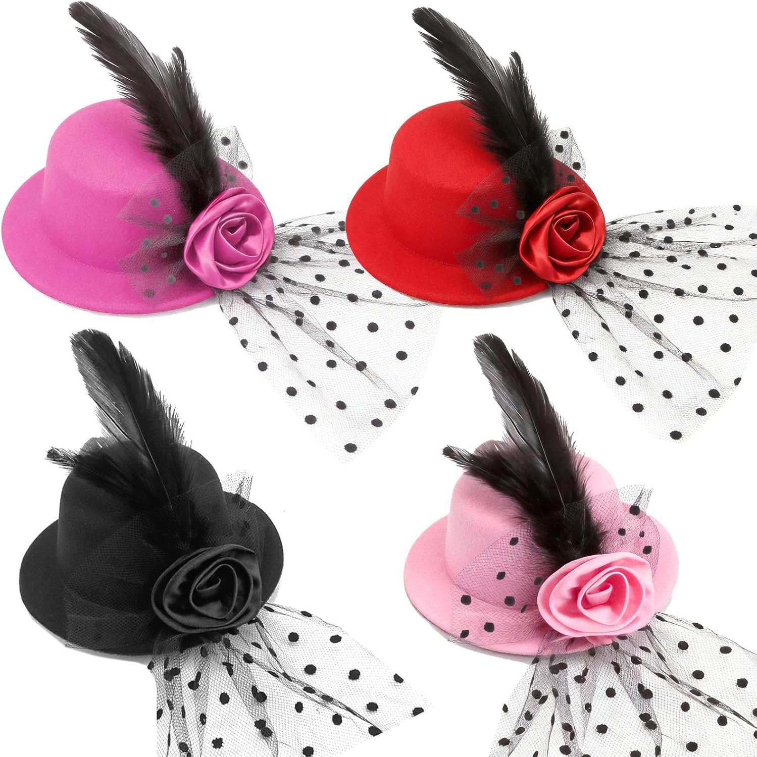 4-Pack Mini Tea Party Hats for Women Girls Fascinators Hats Feather & Flower Accents for Tea Party Decorations Top Hat Hair Clips for Party Accessories