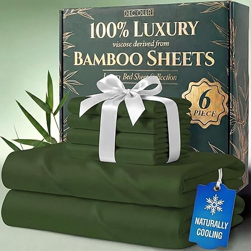 DECOLURE Juego de sábanas 100% viscosa derivada de bambú, tamaño King, 6 piezas de lujo, refrescantes naturales, ultra suave, bolsillos profundos de