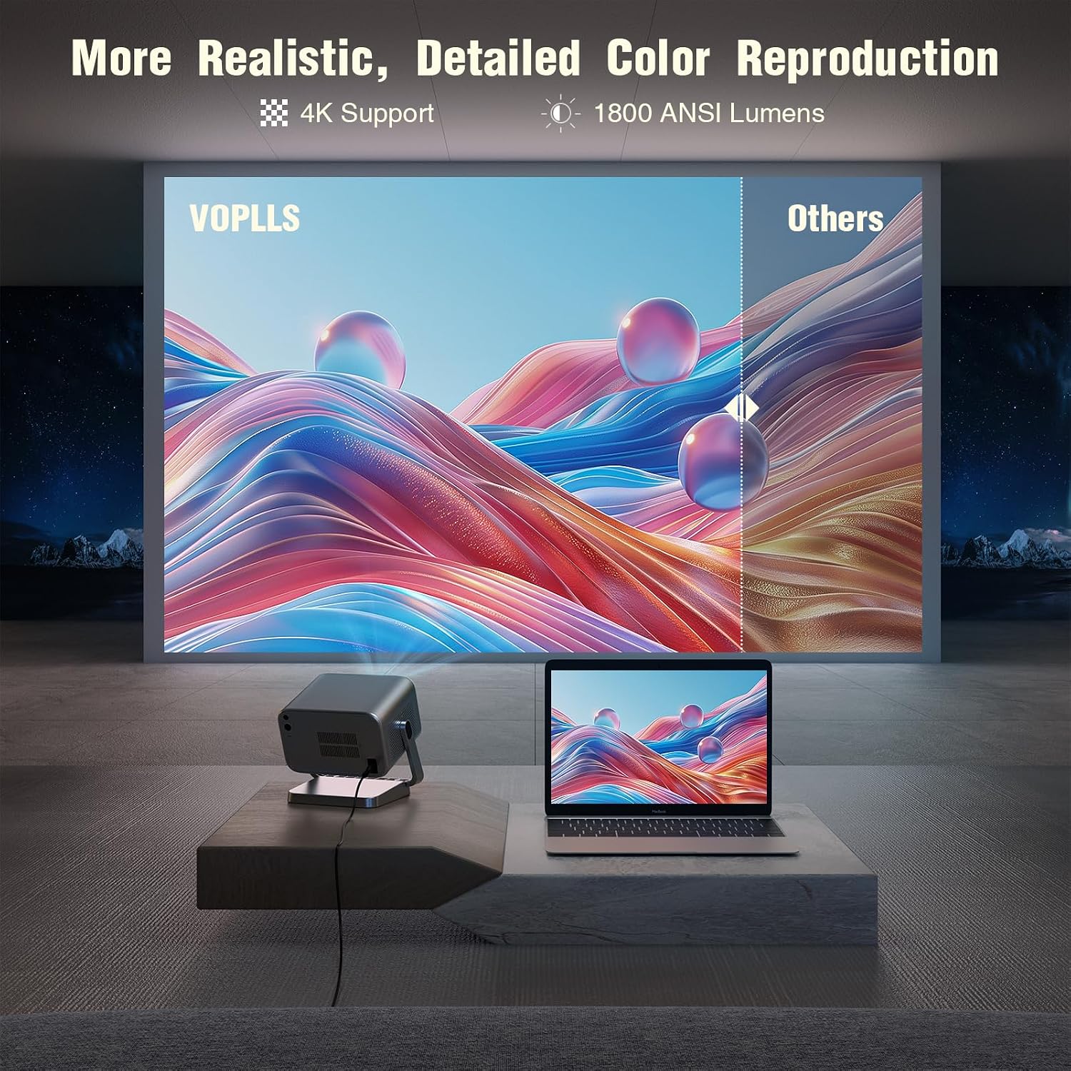 【Officially-Licensed APP & Native 1080P】Upgraded Brightness 3.9" Smart Projector with WiFi and Bluetooth, Auto Focus & Keystone Portable Outdoor Projector, VOPLLS 4K Support Home Movie Projector - 3