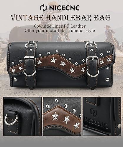 Miniatura 2 de NICECNC Bolsa de Horquilla para Motocicleta Bolsa de Manillar, Estilo Vintage de Cuero PU con Remaches de Estrella Estilo Rock Líneas Clásicas de