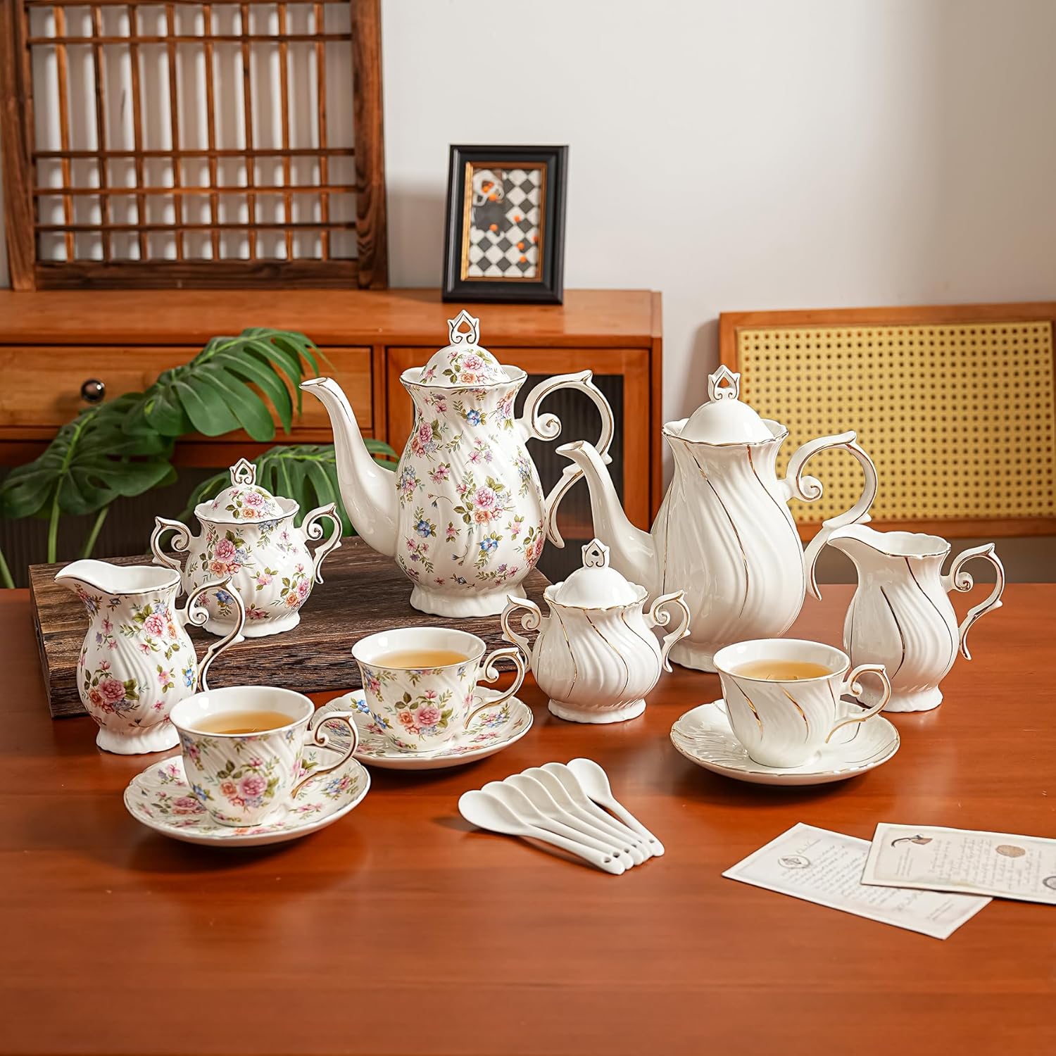 Tea Set 21-Piece Ceramic tea cups and saucers set of 6 with Sugar and Creamer Set,Teapot,teapot set for Adults, Women Tea Party (small crushed flower) - Image 6