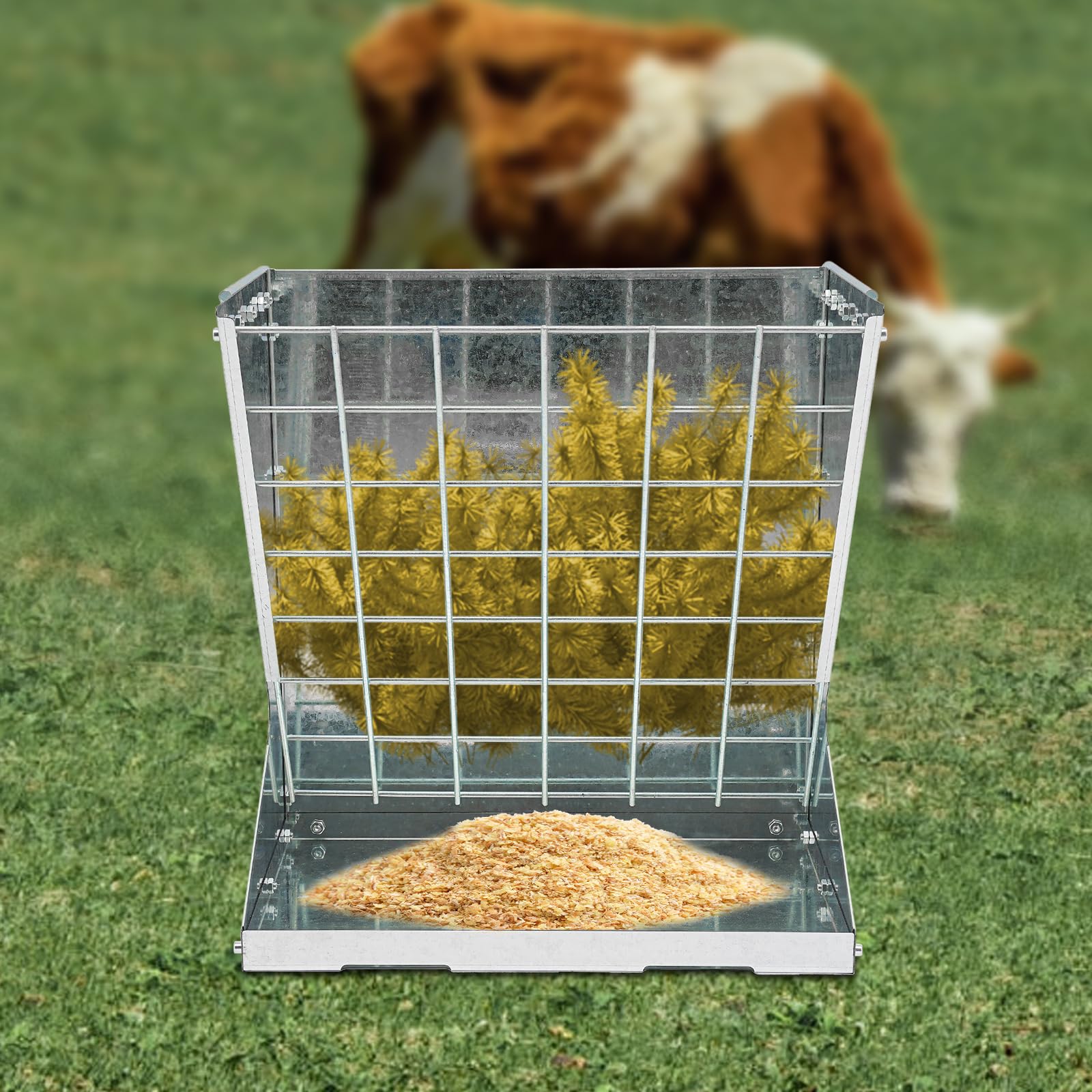 Comedero de heno con gancho, comedero grande para ovejas y cabras, 2 en 1 heno y grano/alimentador para granjas, patios, 56,61 x 33,27 x 59,94 cm, capacidad de carga de 30 kg, plata