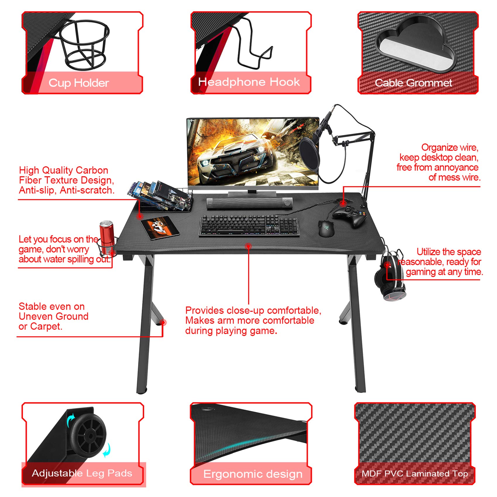 Buy Mr IRONSTONE Gaming Desk with Power Outlet, 45.2" Carbon Fiber