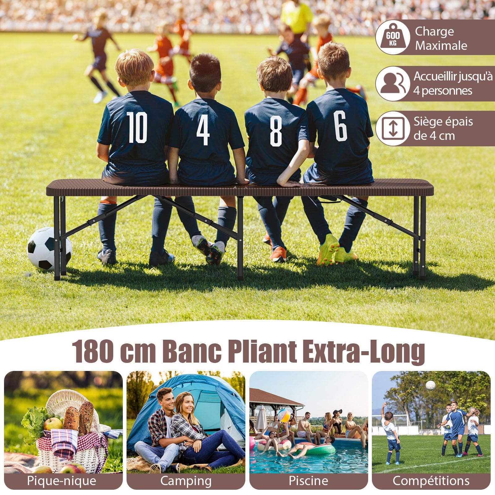 COSTWAY Banc Exterieur Jardin Pliable en HDPE pour 3 Personnes | Charge 300 kg, Banc de Jardin, Verrouillage de Sécurité, Poignée, Banquette pour Piscine Camping Fête (Café)
