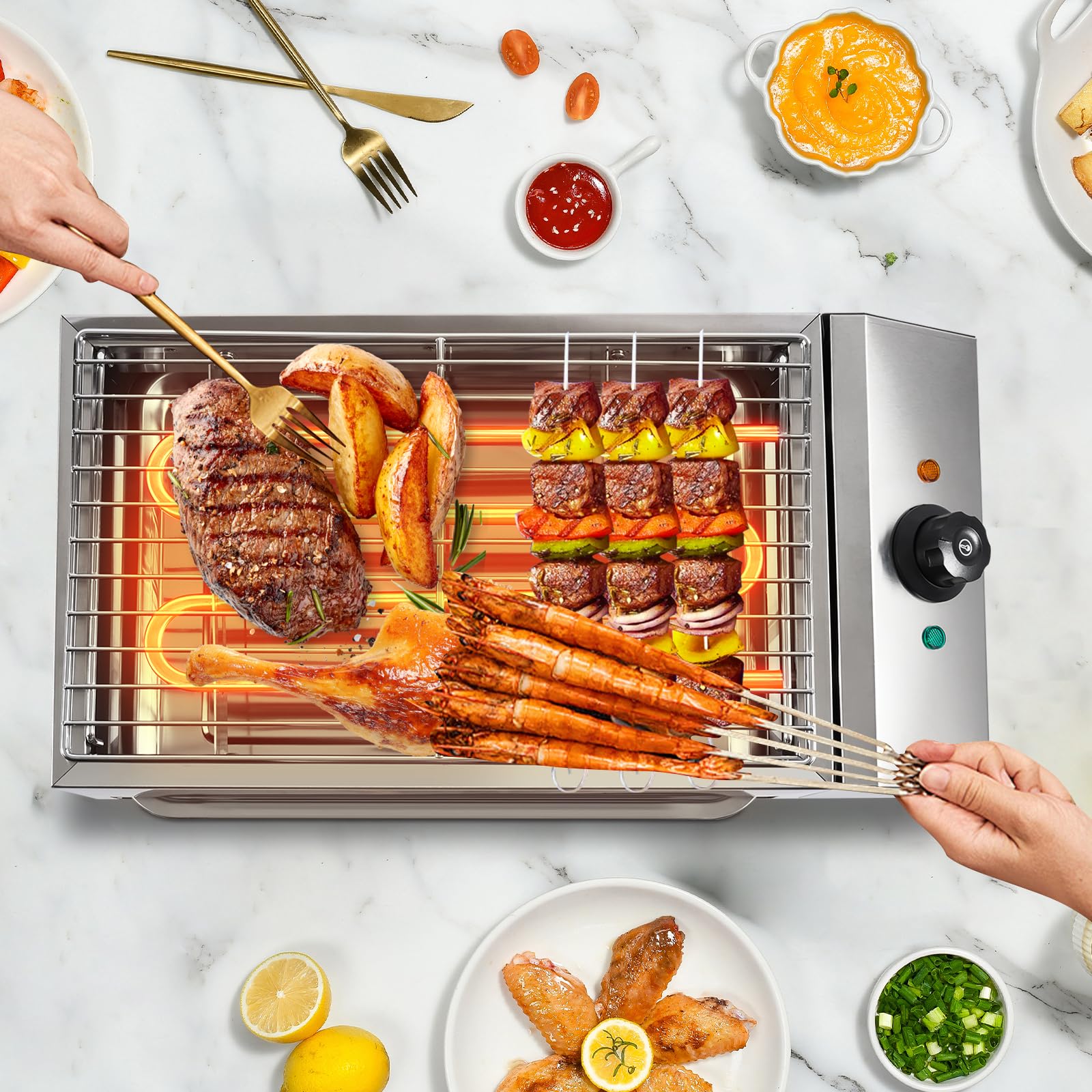 Smokeless Indoor Grill, 1800W Commercial Stainless Steel Electric Grill with Non-Stick Cooking Surface, 122-302? Adjustable Temperature Electric Grill, Indoor Grill BBQ Grill for Restaurant Camping