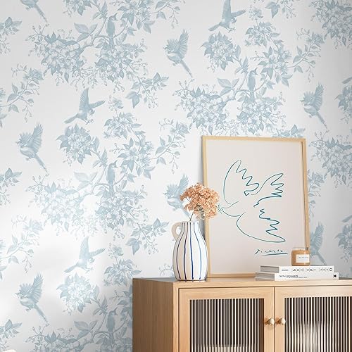 Miniatura 5 de Dimoon Papel tapiz floral de 236 x 16.1 pulgadas, diseño floral, para despegar y pegar, papel de contacto con pájaros, hojas de flores blancas y