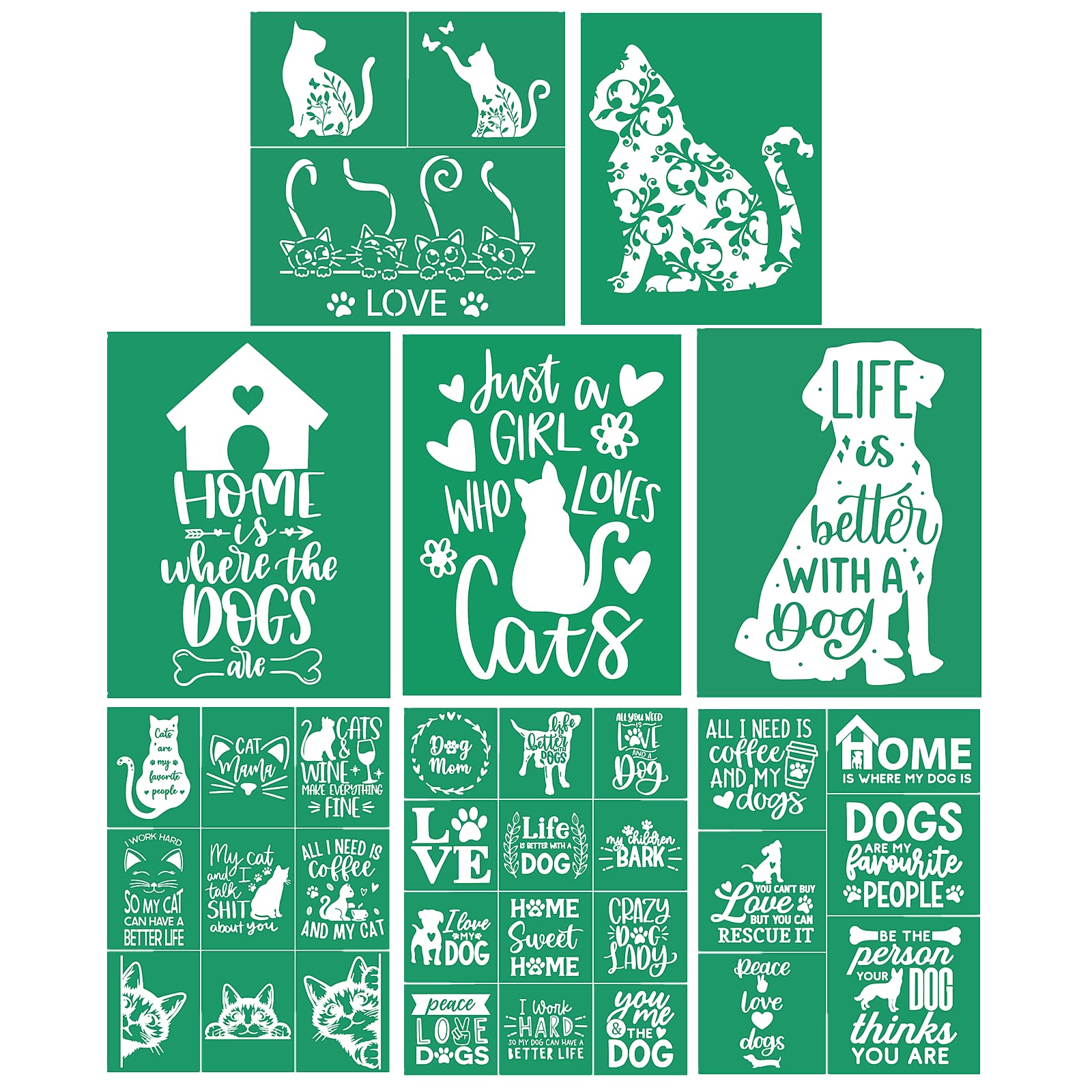 JAJADO Cat and Dog Theme Silk Screen Stencil 8pcs, Pet Animals Bundle Chalk Mesh Transfers Reusable Self-Adhesive Screen Printing Stencils for Wood, Fabric, Pillow, Wall DIY Home Decor