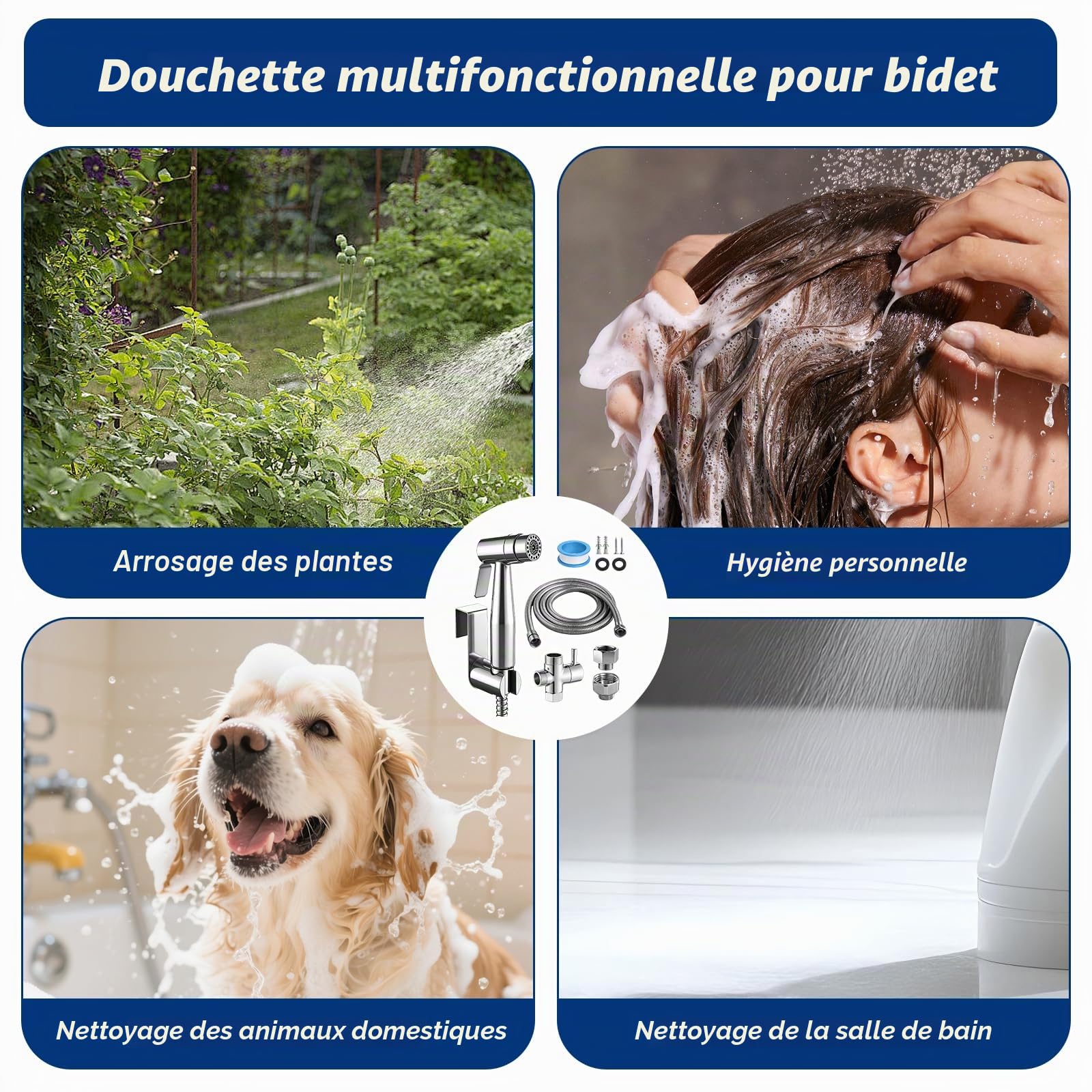 Pulvérisateur de bidet à main en Acier Inoxydable, Douchette Bidet Avec Vanne En T G1/2" Et Adaptateur Toilette G3/8", Flexible 150Cm, Support Mural Ou Crochet, Douche Pour Bébé, Animaux Et Hygiène