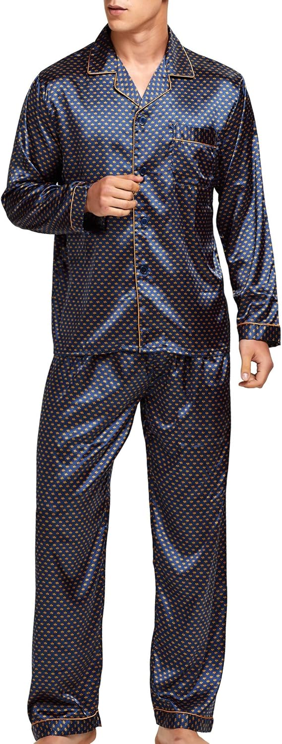 Sanraflic® Men's Satin Pajamas Long Button-Down Pj Set Sleepwear Loungewear Nightwear - Image 2