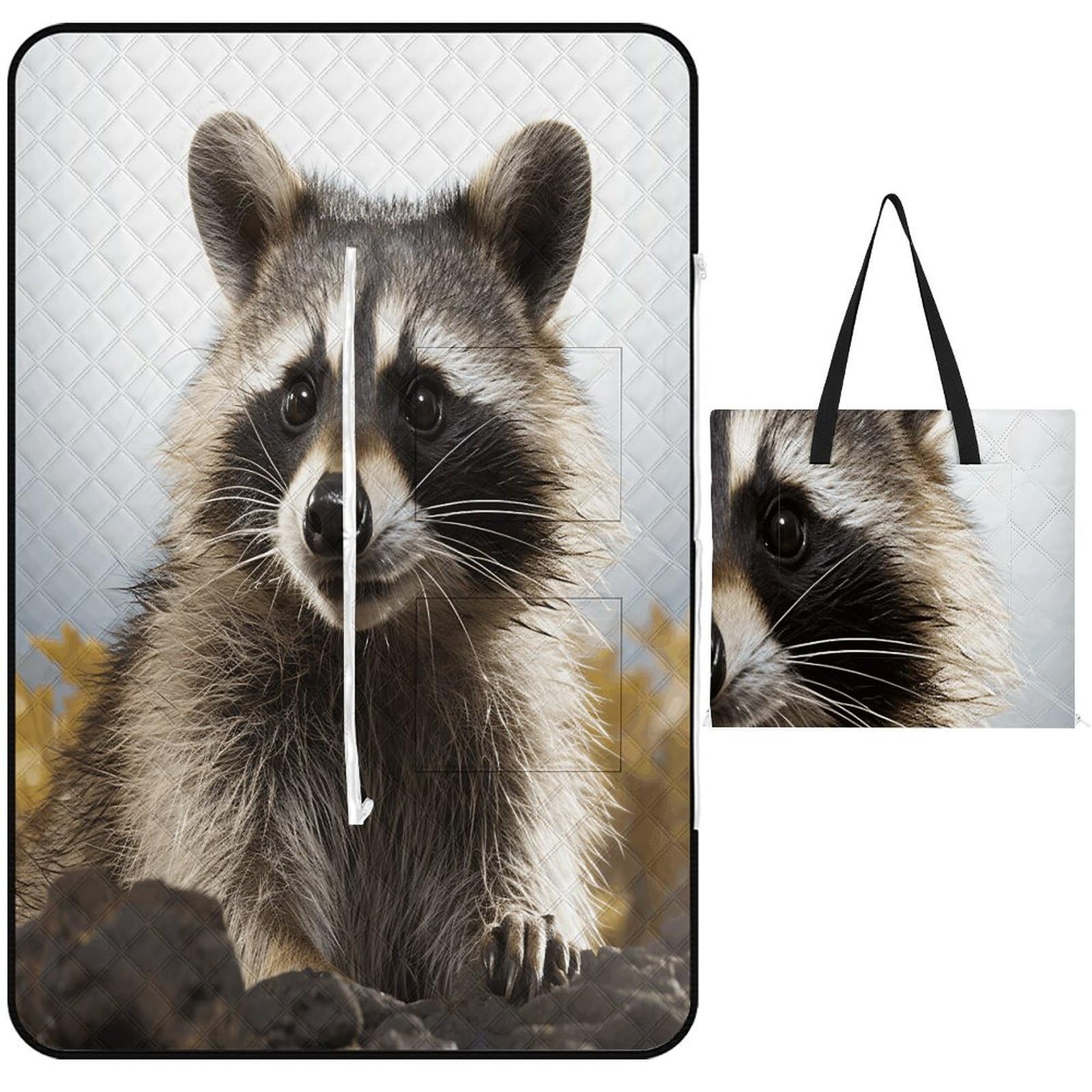 VstaDank Hairy Raccoon Picnic Mat 150x100cm Extra Large Picnic Blanket with Zipper Waterproof Sandproof Beach Blanket Portable Beach Mat Foldable Camping Blankets for Park Grass Lawn Travel