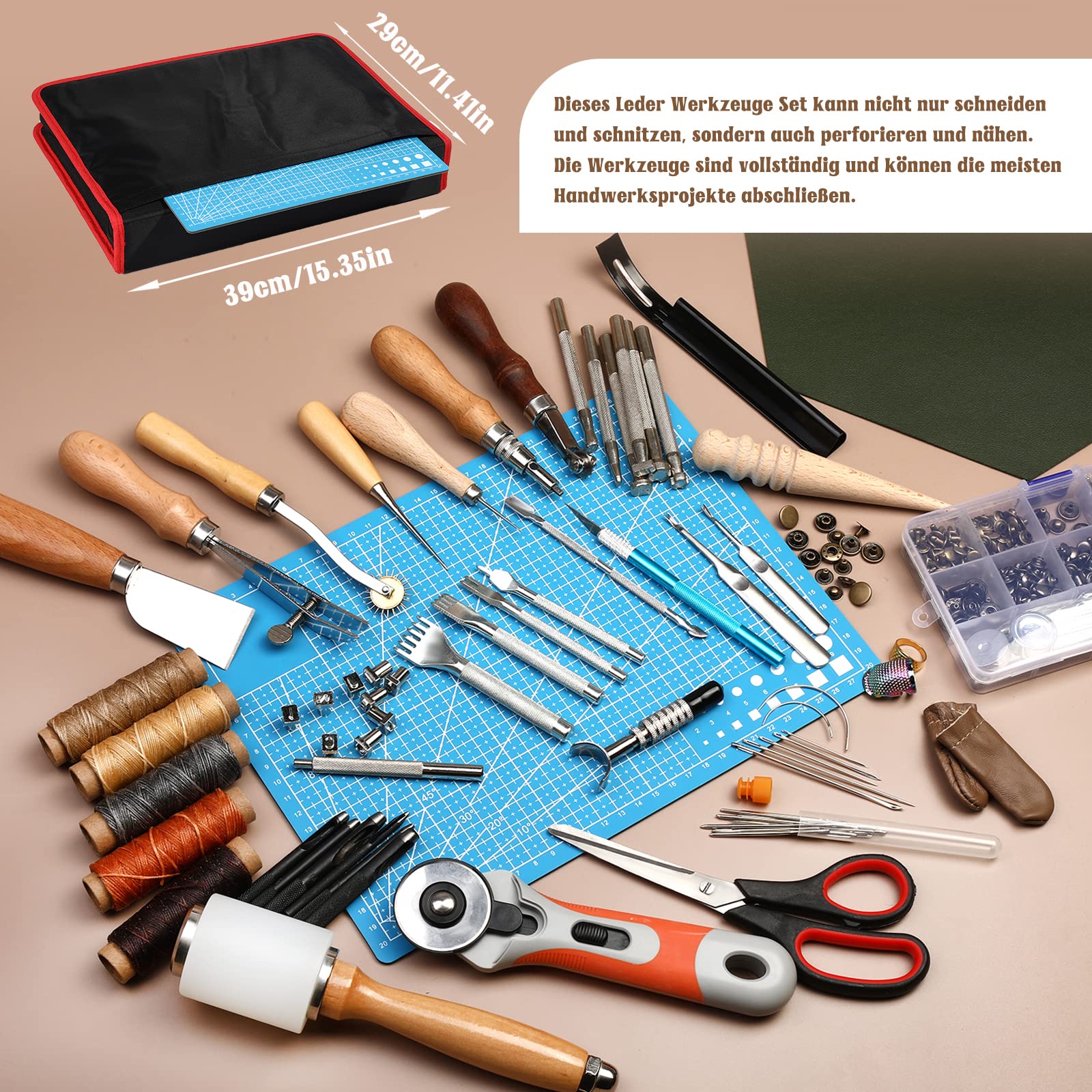 264 Piezas de Herramientas para Trabajar el Cuero - Juego de Accesorios con Estampado, Costura y Kit de Reparación