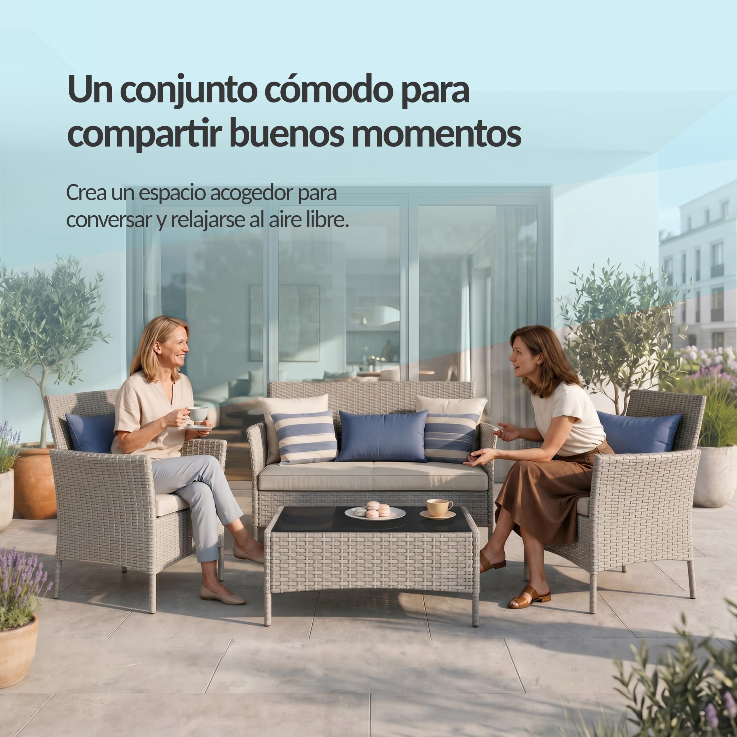 POKAR Conjunto Jardín Ratán Negro con Cojines de Asiento Antracita