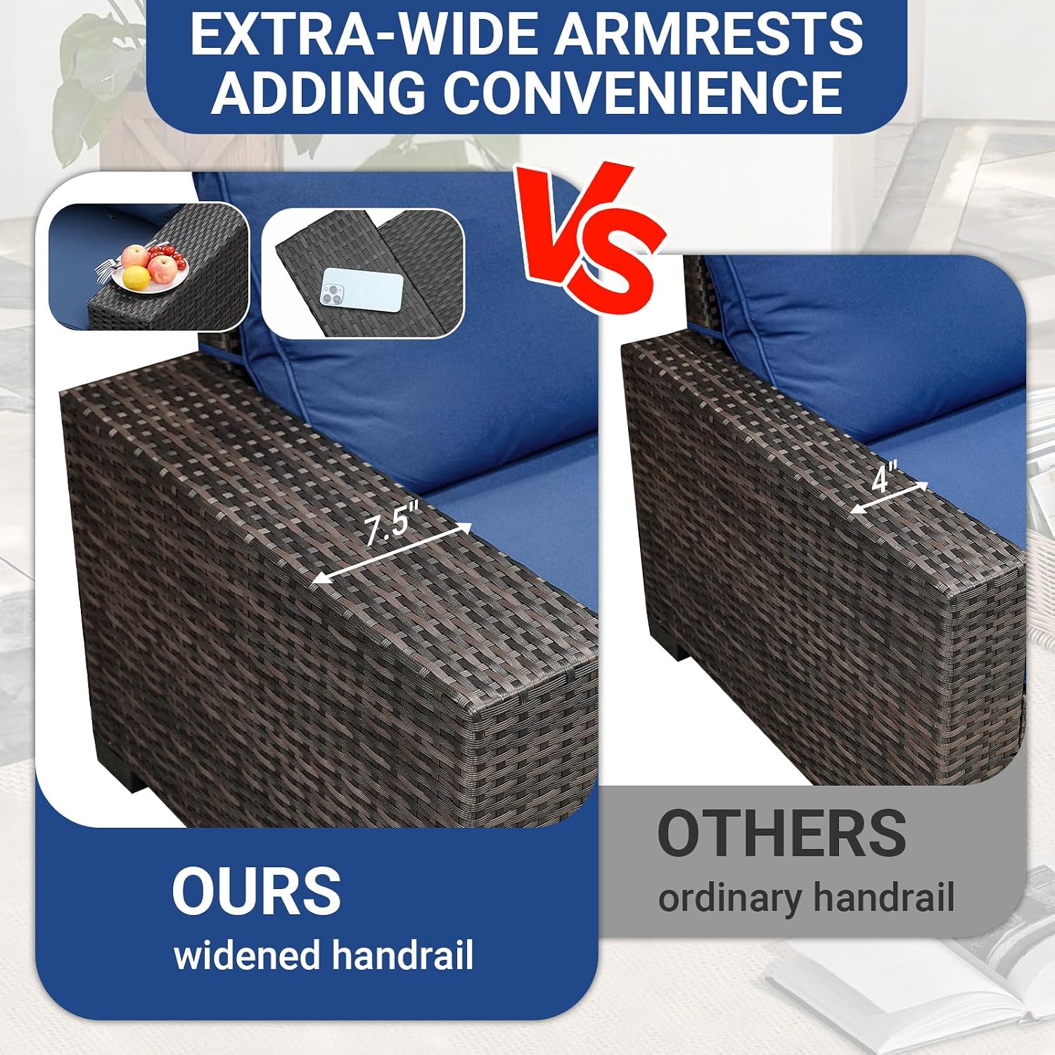 Jings Villa 5-Piece Patio Set All-Weather Wicker Sofa Glass Table & Ottoman Navy