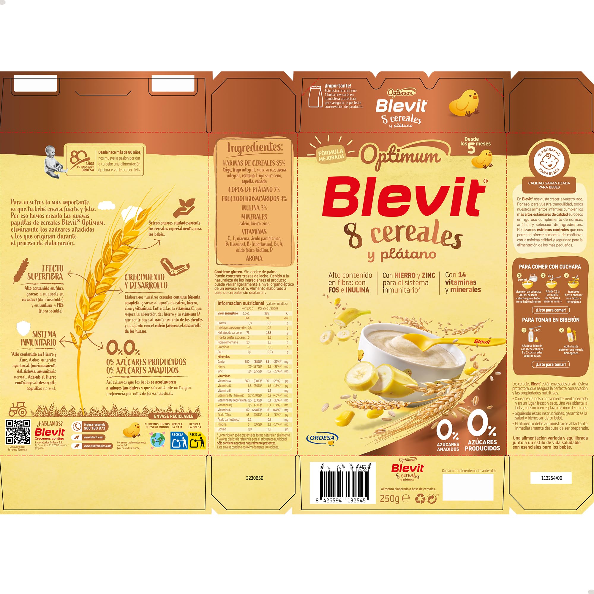 Blevit Optimum 8 Cereales y Plátano | 250g | Papilla para Bebé con 85% de Cereales - Copos de Plátano, Vitaminas, Minerales y Fibra